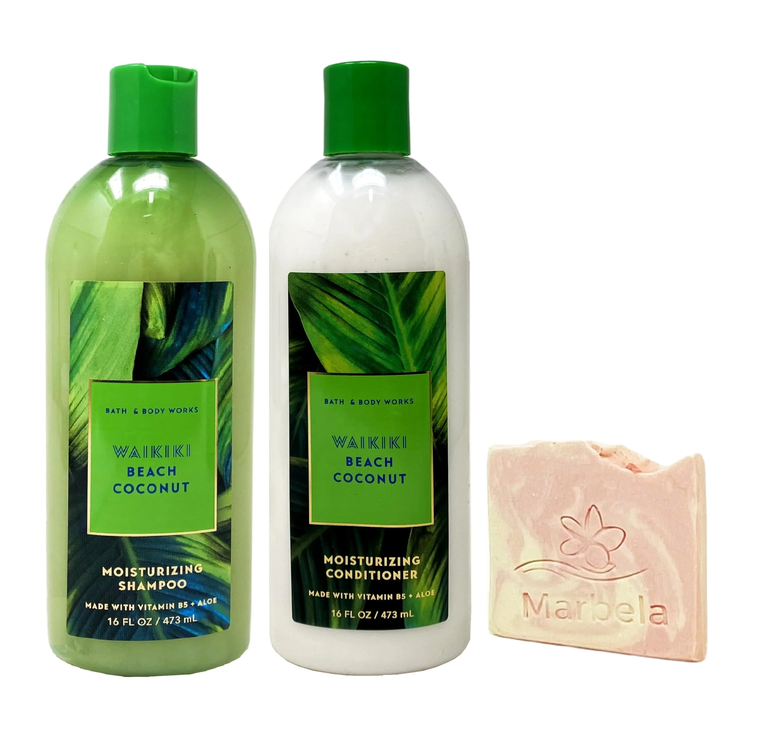 Original Bath Body Works Waikiki Beach Coconut - Moisturizing Shampoo and Moisturizing Conditioner with a Himalayan Salts Springs Sample Soap Elite