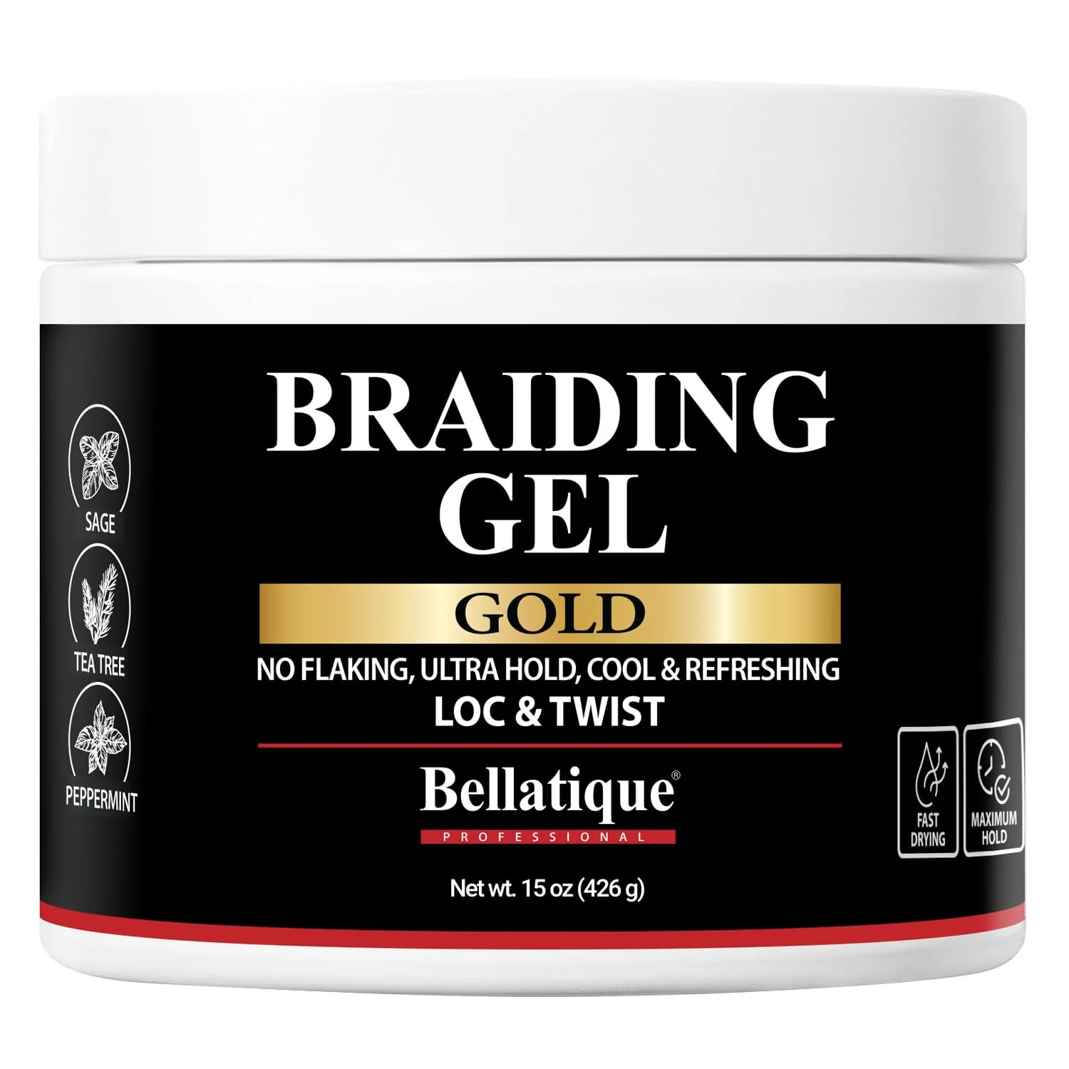 Unique BELLATIQUE GOLD Braiding Gel Maximum Hold for LOC Twist - No Flaking No Whitening Fast Drying High Shine Cool Refreshing Long Lasting Hold Crafted