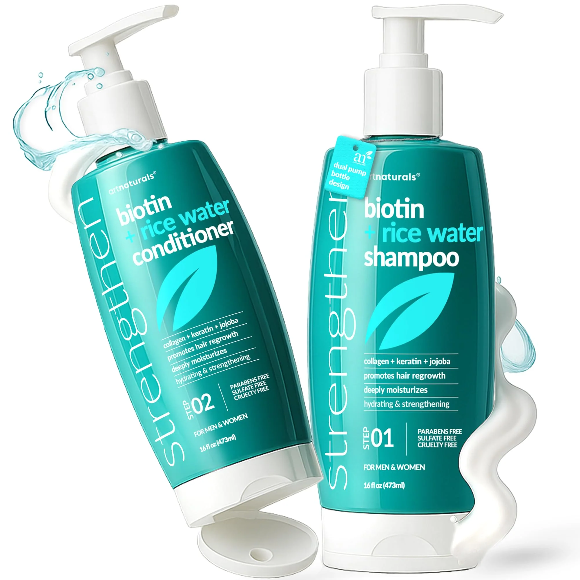 Optimized Biotin Rice Water Shampoo and Conditioner Set - Sulfate- Formula - Dual Bottle - Made with Collagen Keratin and Jojoba to Promote Strength Casual