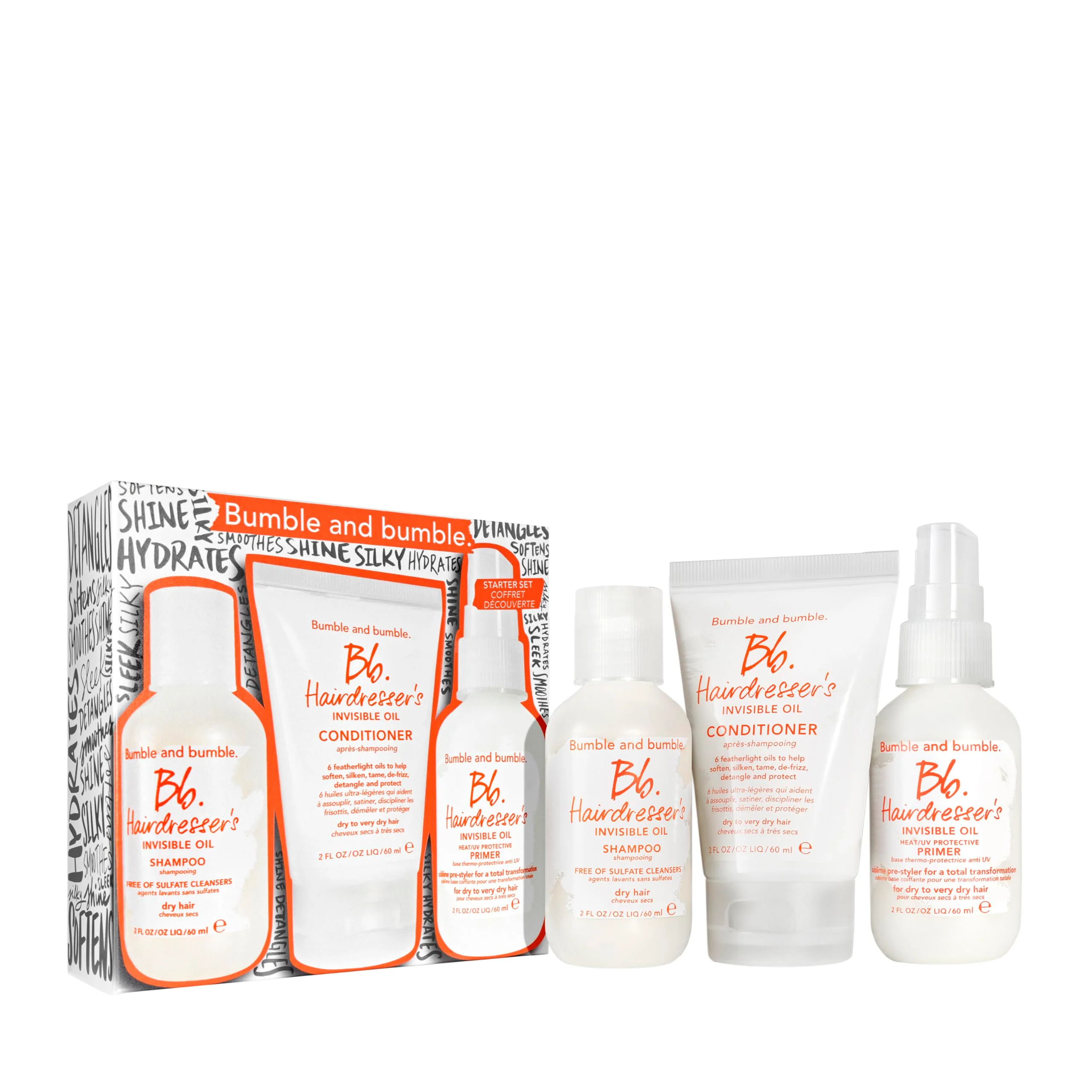 Official Bumble and bumble. Hairdresser's Invisible Oil Travel-Size Hair Set for Hydration Frizz Reduction Shampoo Conditioner Hair Primer 3-Piece Set Detailed
