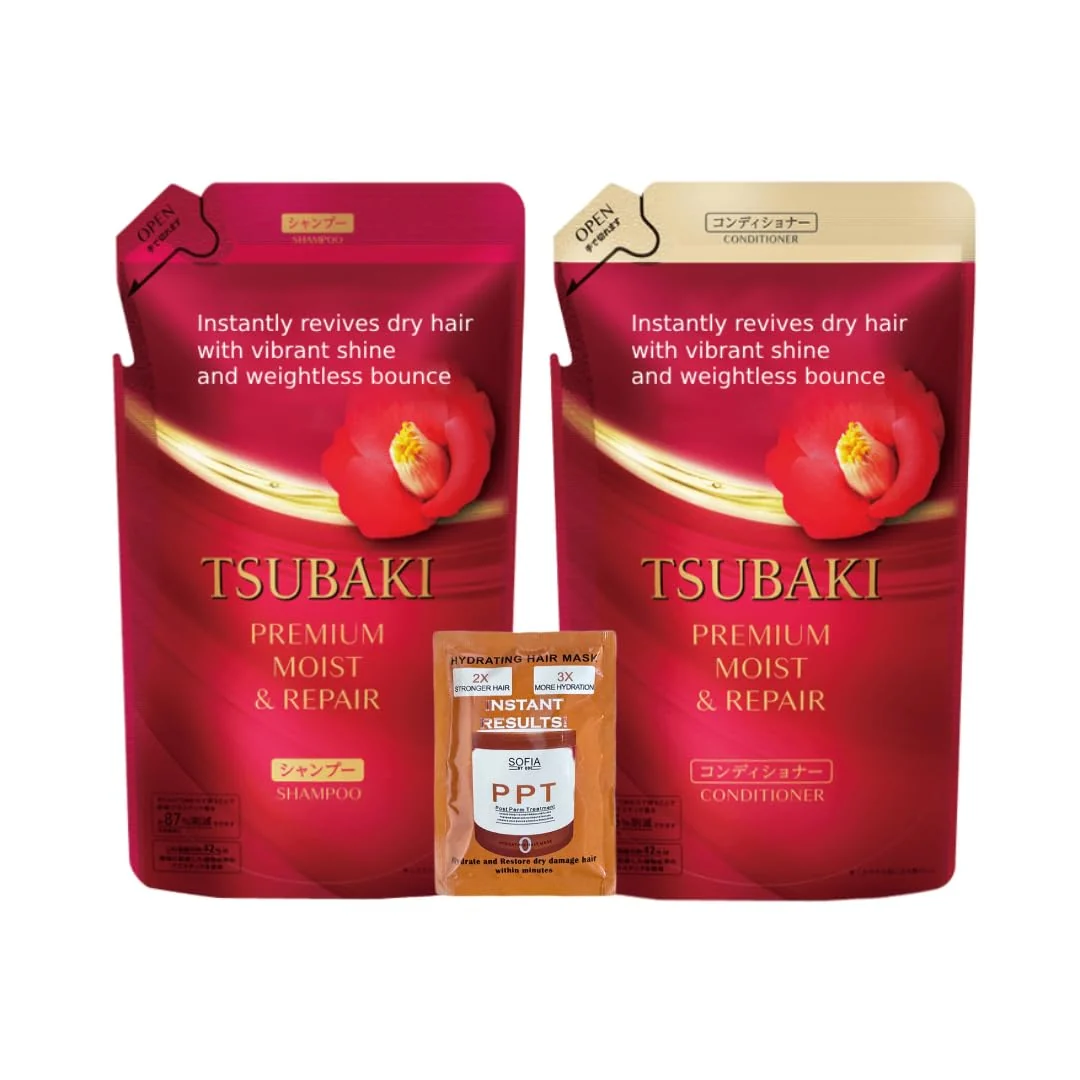 Easy-to-Use Bundle Moist Repair Tsubakii Shampoo and Conditioner Refill Set - Camellia Oil - Moisturizes Protects Dry Damaged Hair 300ml 300g Sophisticated