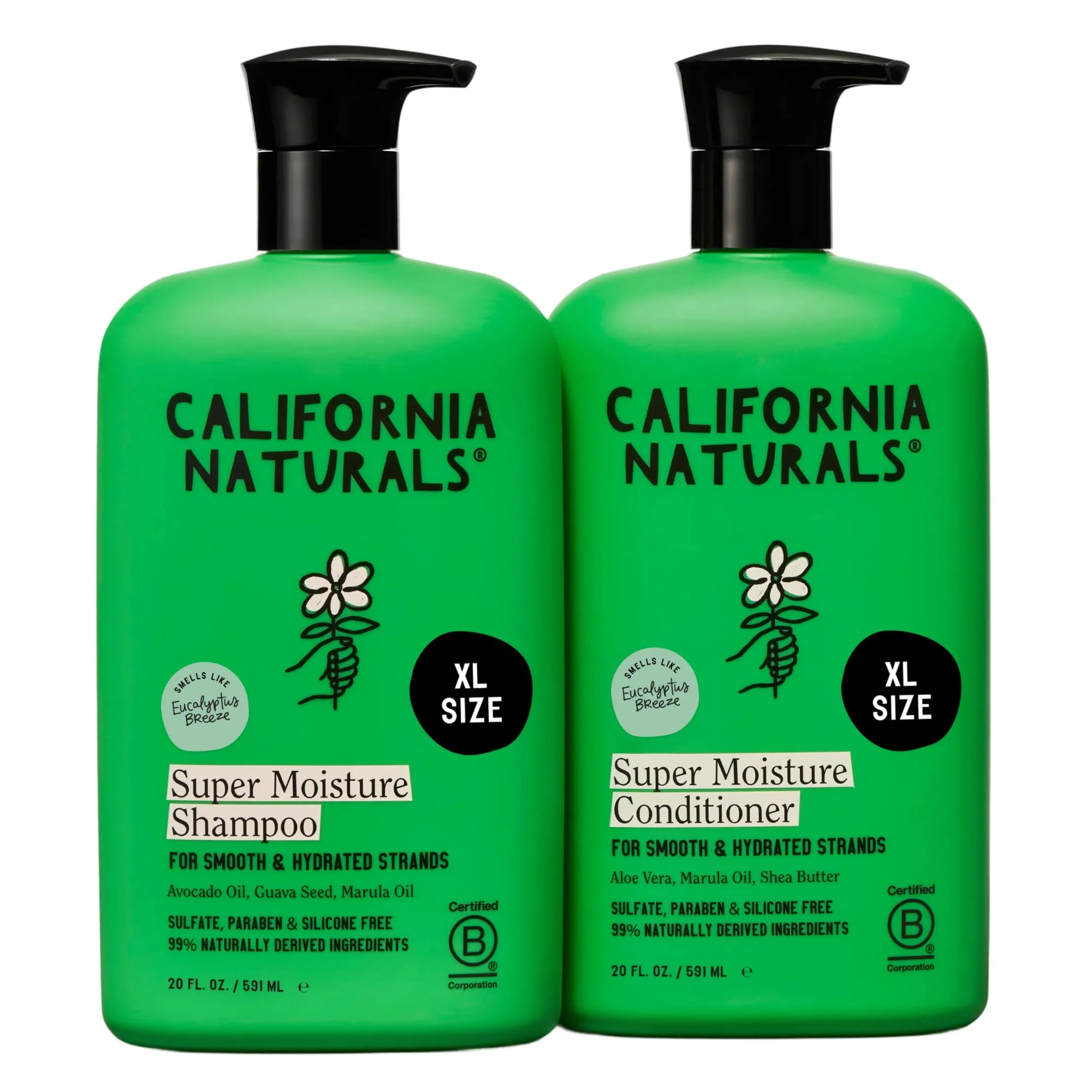 Soft California Naturals Eucalyptus Breeze Super Moisture Shampoo and Conditioner Set for Dry Damaged Hair Hydrating Scalp Hair Care Natural Vegan Environmentally Friendly