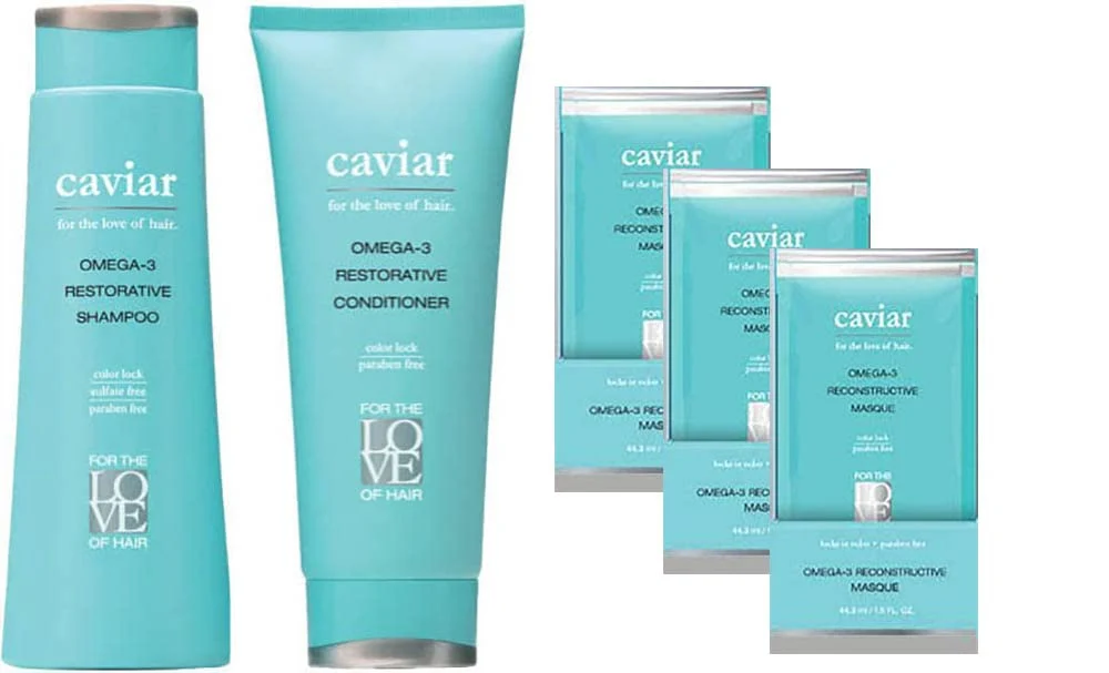 Luxury Caviar Omega-3 Restorative Hair Care Set Pack of 5 - Includes Shampoo Conditioner and 3 Masque Packets High-Performance