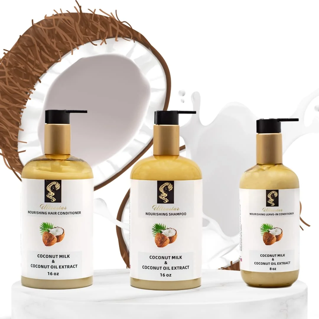 Powerful COCONUT MILK HAIR TRIO- coconut milk coconut oil ultra whipped egg white proteins- Complete Nourishing Shampoo Set Shampoo Conditioner Hair Natural