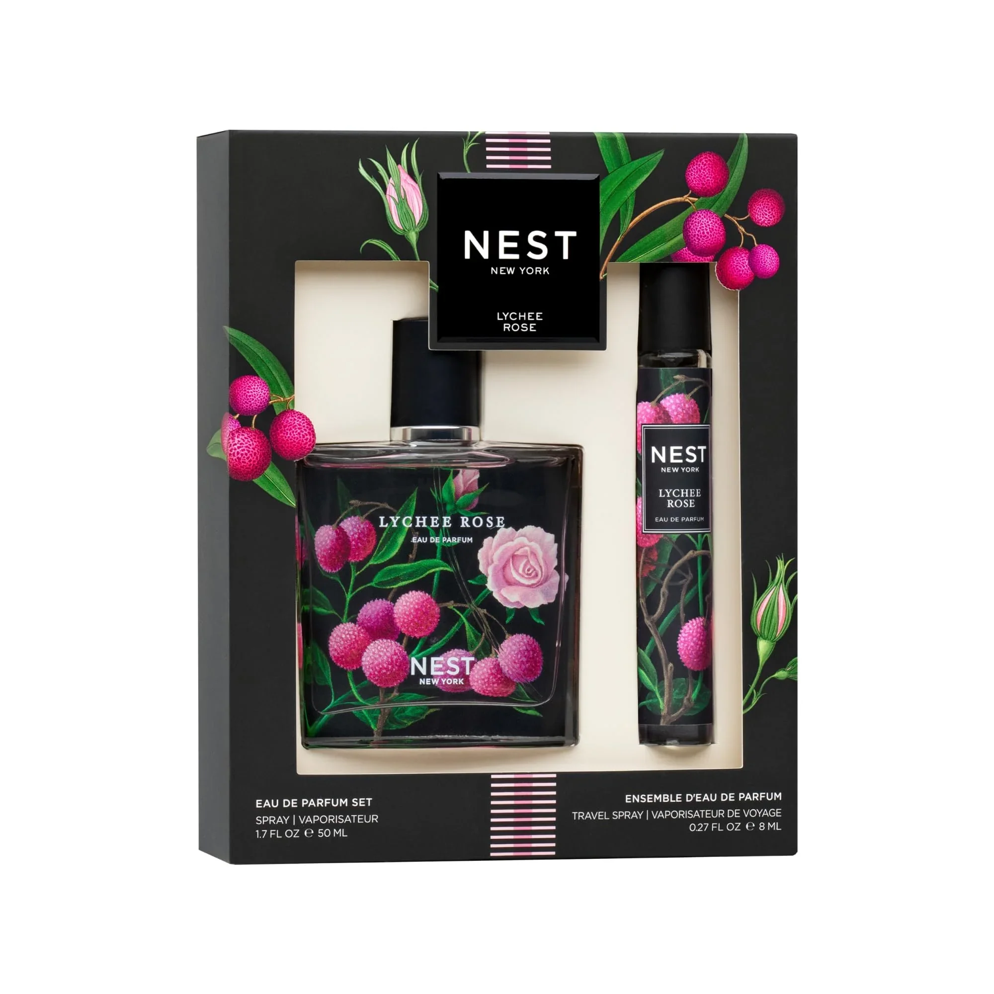 Luxury NEST New York Lychee Rose Fine Fragrance Set - Includes 50 mL Full Size 8 mL Travel Spray - Vegan Cruelty Artisan