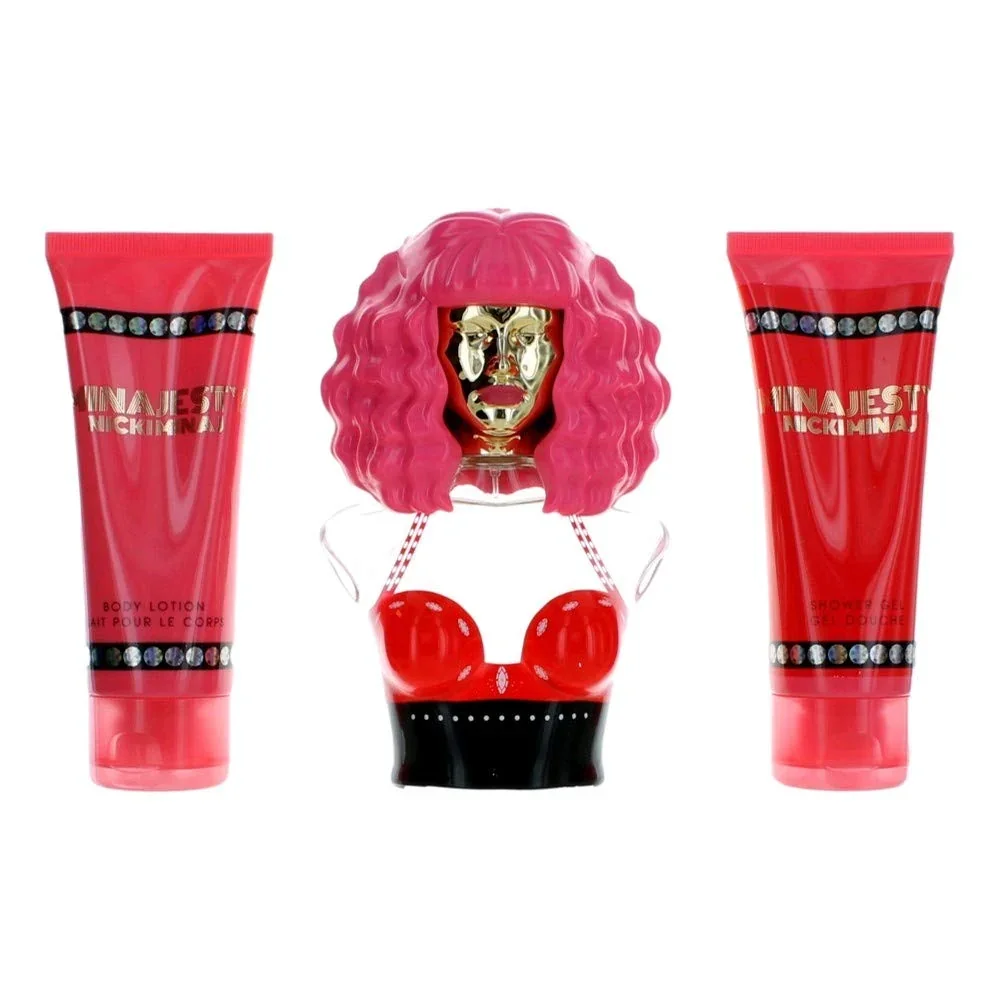 Contemporary Nicki Minaj Minajesty 3-piece Women's Perfume Gift Set red berries lemon peach magnolia frangipani orchid tonka bean white musk cedarwood 3.4 Healthy