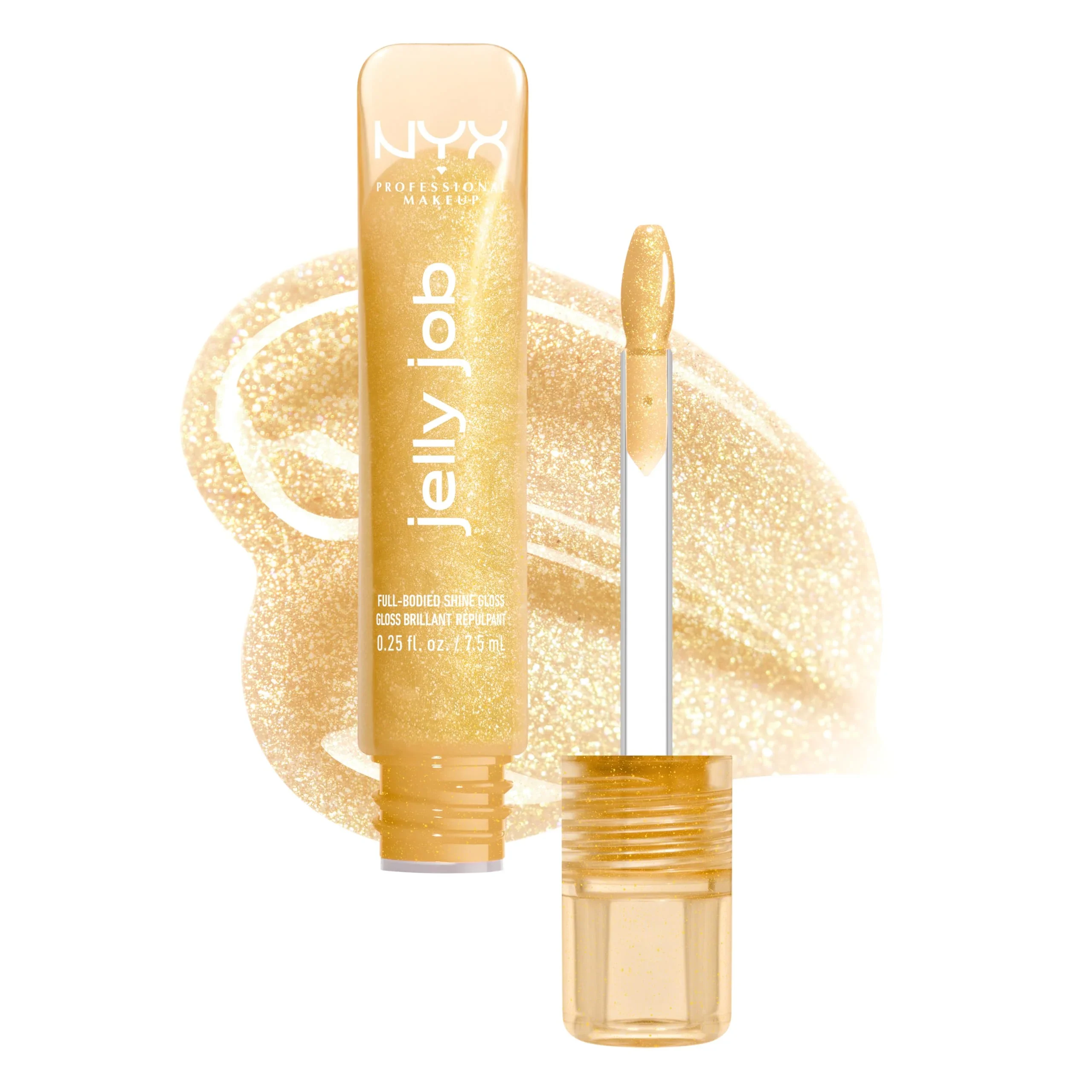 Luxury NYX PROFESSIONAL MAKEUP Jelly Job Lip Gloss Lip Tint Gloss with Full-Bodied Smoothing and Hyper-Glossy Shine - Glow Job Gold Shimmer Authentic