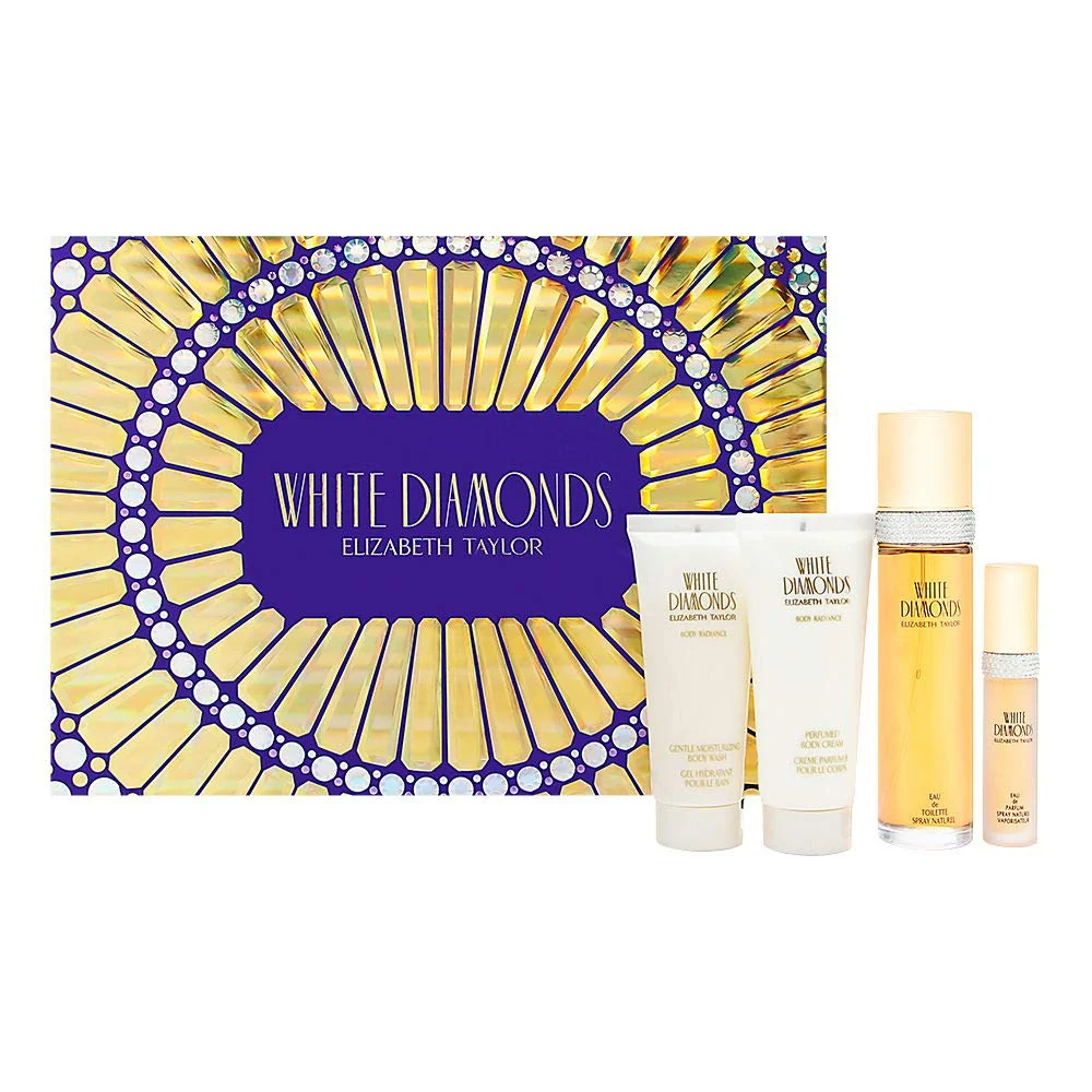 Premium Material White Diamonds by Elizabeth Taylor for Women - 4 Pc Gift Set 3.3oz EDT Spray 3.3oz Gentle Moisturizing Body Wash Perfumed Body Lotion 10ml EDT Top-Quality