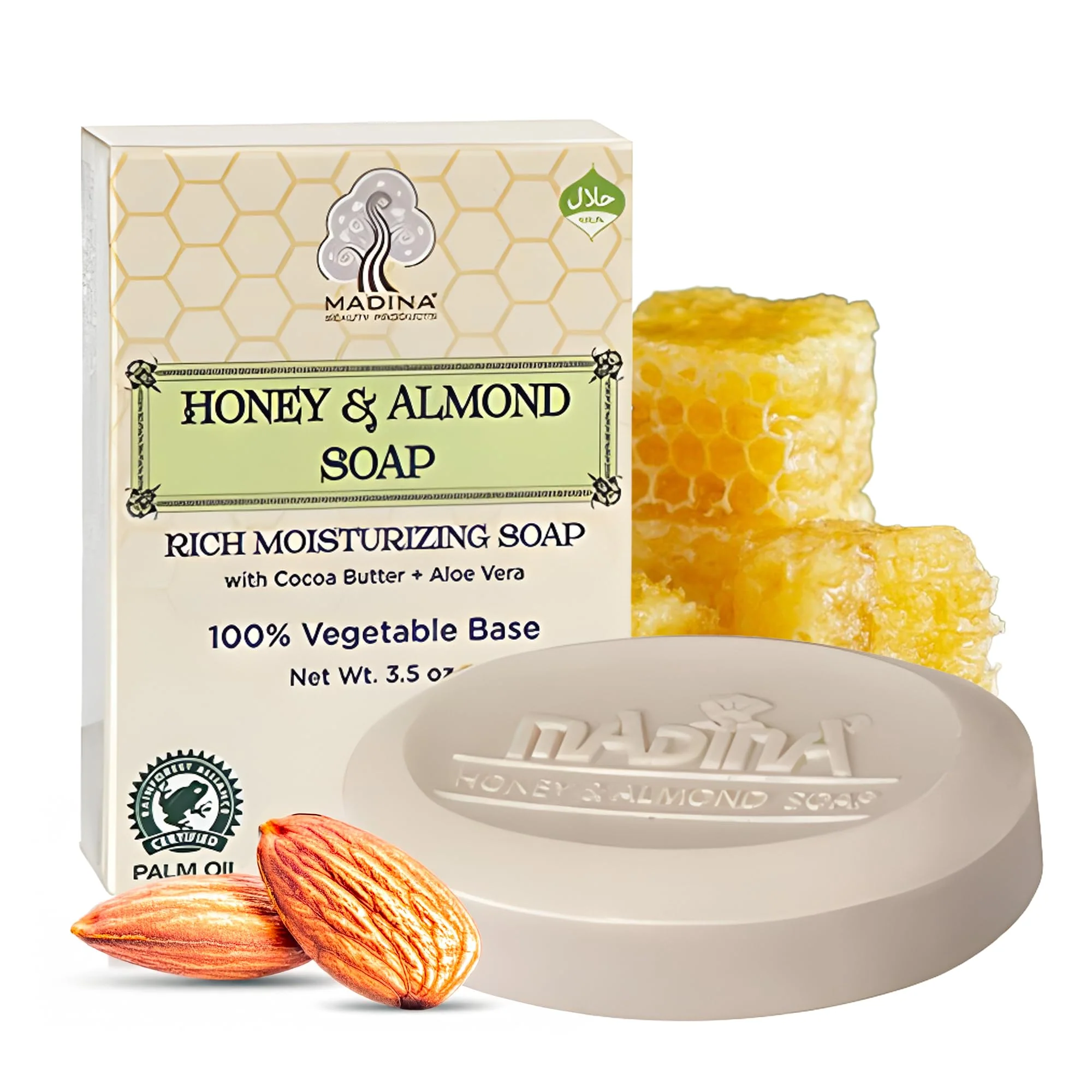 Eco-Friendly Madina Honey Almond Soap Bar - Moisturizing Nourishing Sweet Long-Lasting