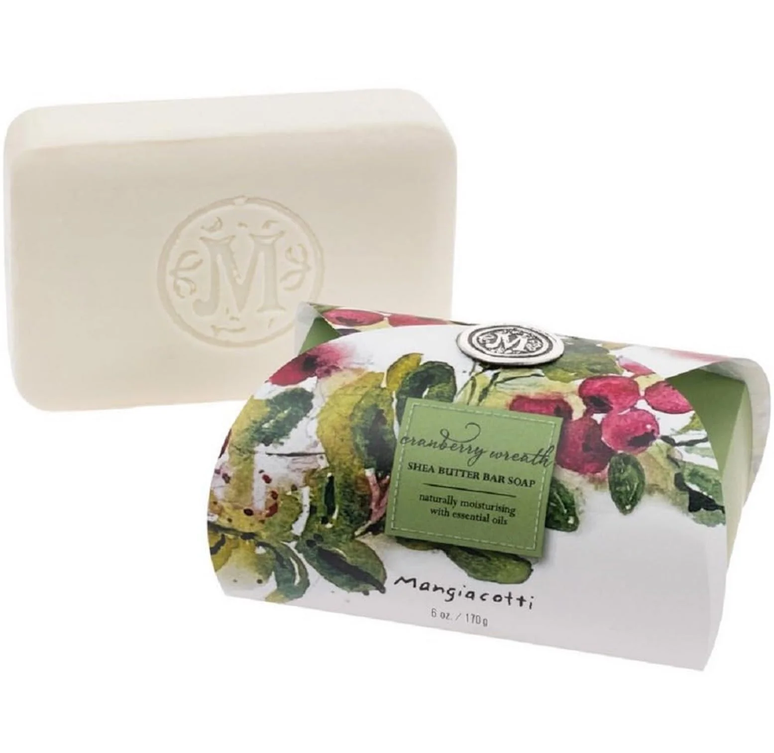 Luxury Mangiacotti Shea Butter Bar Soap Made in the USA Naturally Moisturizing with Essential Oils 6-Ounce Cranberry Wreath Enhanced
