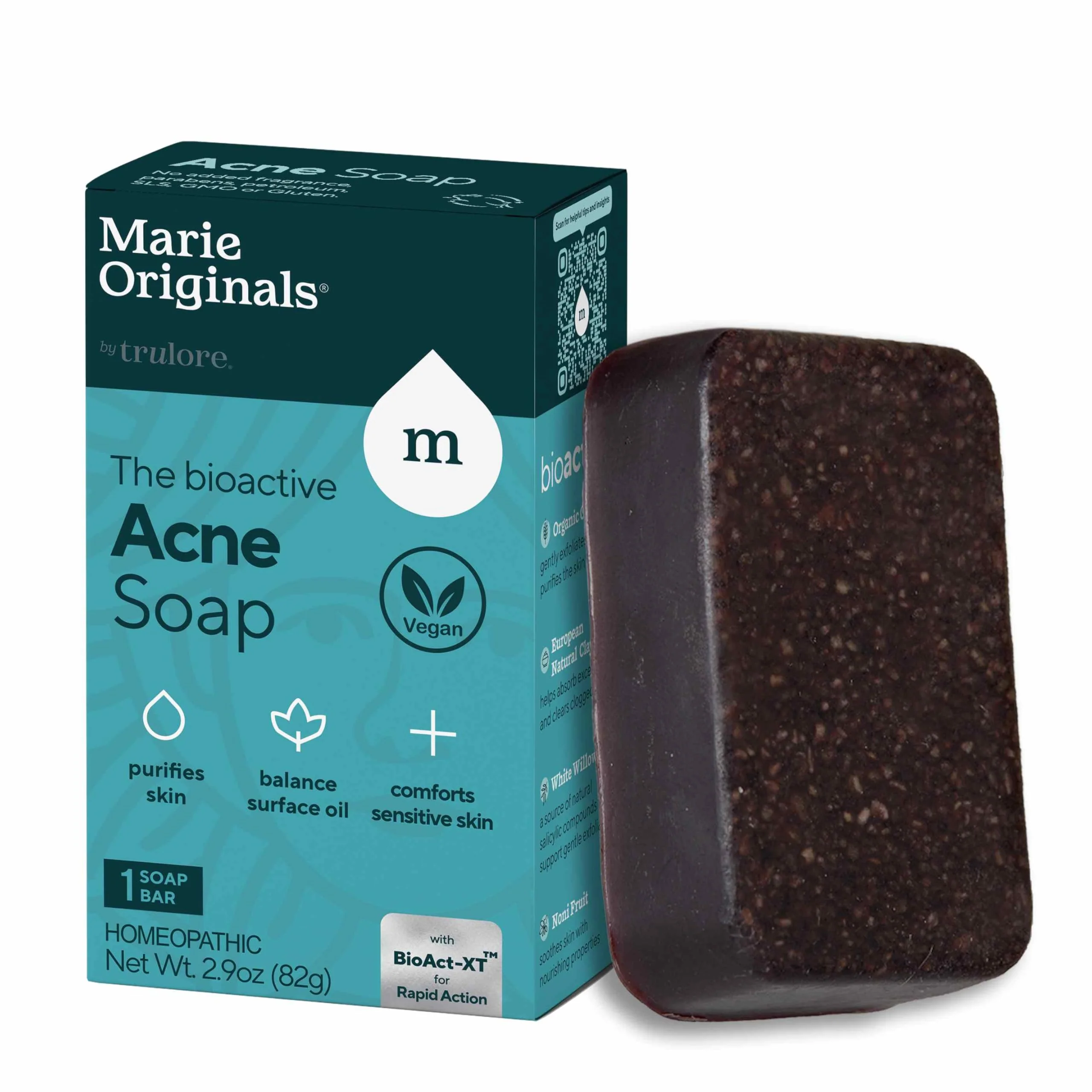 Reusable Marie's Acne Bar Soap Cleanser for Face and Body Acne Treatment with Bentonite Clay Organic Oat Bran Noni Fruit Powder White Willow Functional