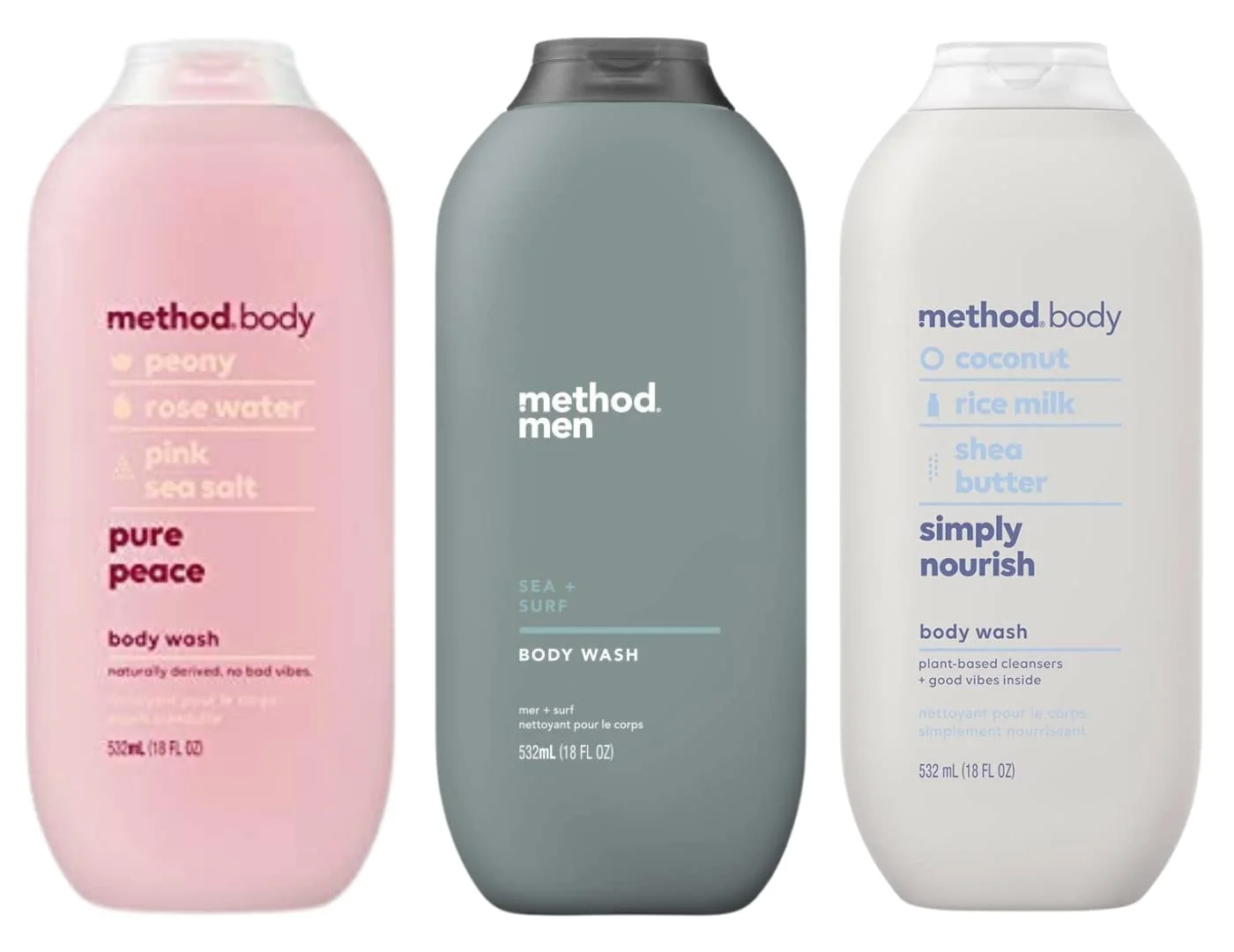 Durable Method Body Wash Trio Moisturizing Body Wash Daily Shower Gel and Plant-Based Body Cleanser Pure Peace Sea Surf Simply Nourish 18 Fluid Ounces Long-Lasting