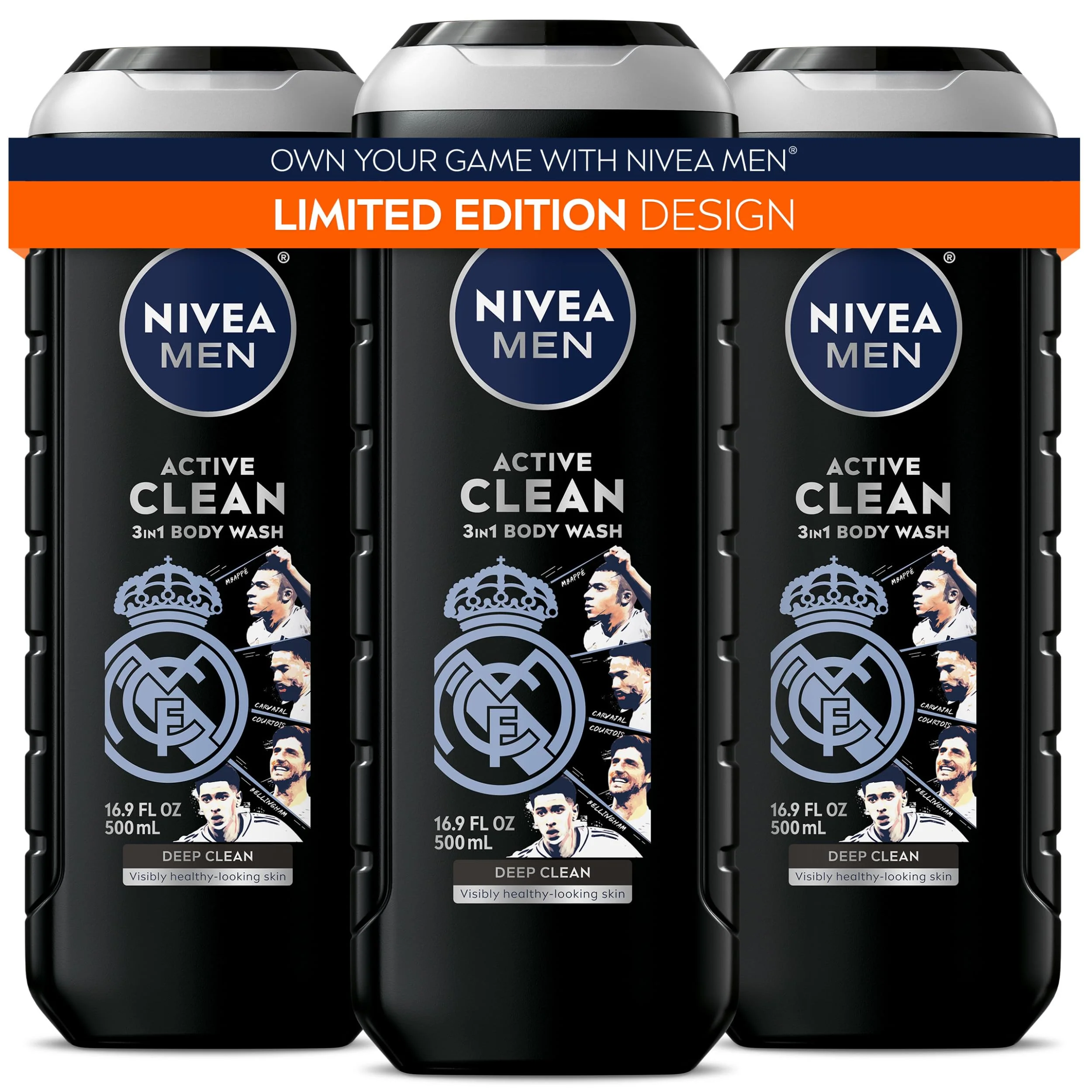 Classic NIVEA MEN Madrid Limited Edition Design Active Clean Body Wash with Natural Charcoal for Normal to Oily Skin 3-in-1 Charcoal Body Wash Face