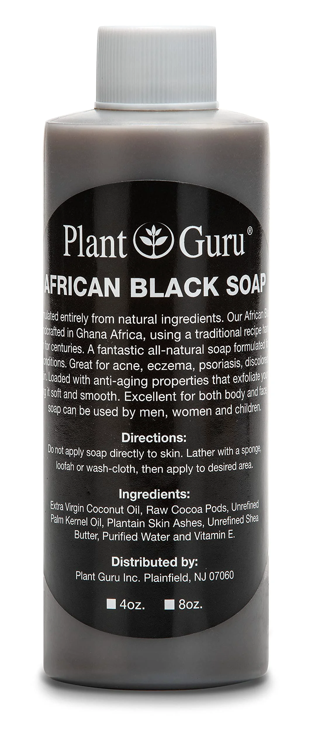Fine Crafted Plant Guru Raw African Black Soap Liquid 4 fl. oz. - Pure Natural Traditional Skincare for Face Body Hair Handmade Cleanser for All Skin Types Efficient