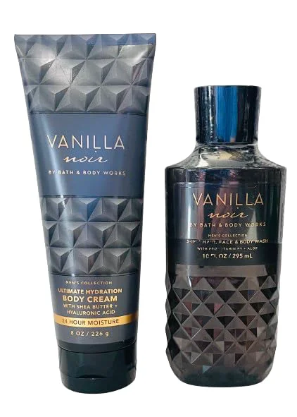 Organic Bath Body Works Vanilla Noir Men's 3-in-1 Hair Face Body Wash and Body Cream 2 Piece Set Easy-to-Use
