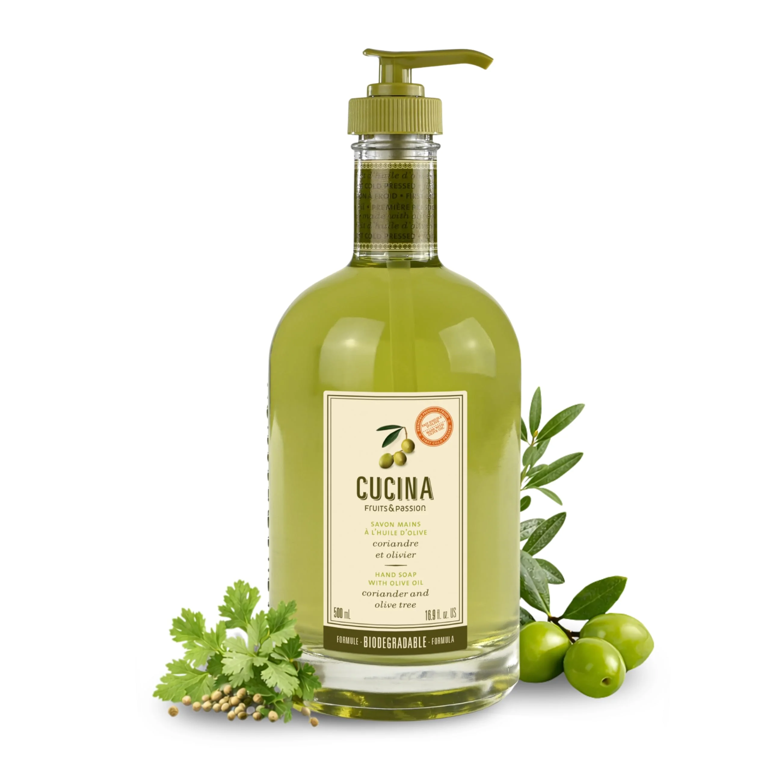 Lightweight Fruits Passion Cucina - Coriander Olive Tree Hand Soap Kitchen Liquid Hand Soap Vegan Natural Moisturizing Hand Wash in Glass Hand Soap High-Performance