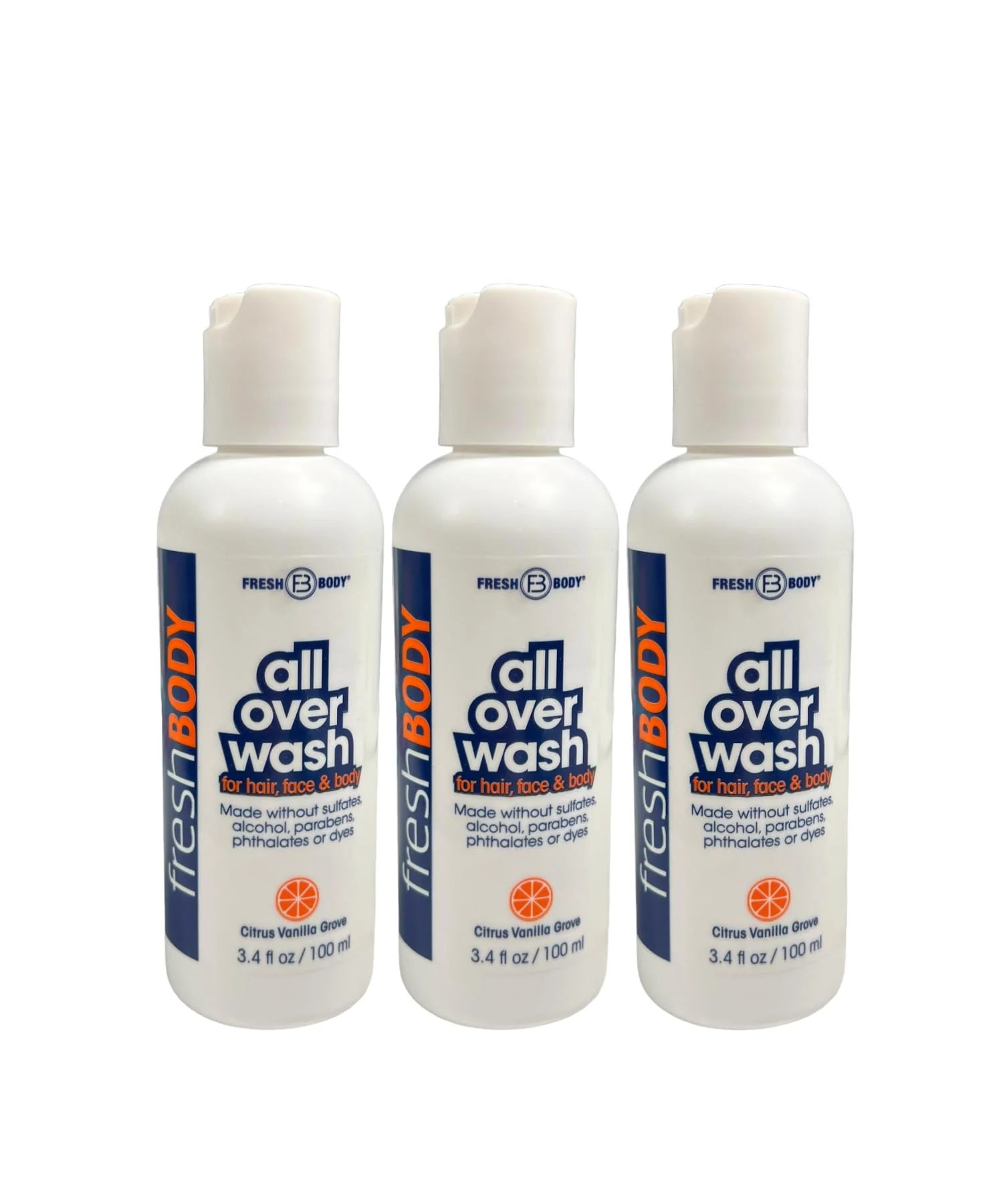 Excellent Fresh Body All Over Wash Travel Size Body Wash Shampoo for Men Women 3 Pack - Citrus Vanilla Grove Shower Gel for Hair Face Body 3.4oz - No Easy-to-Use