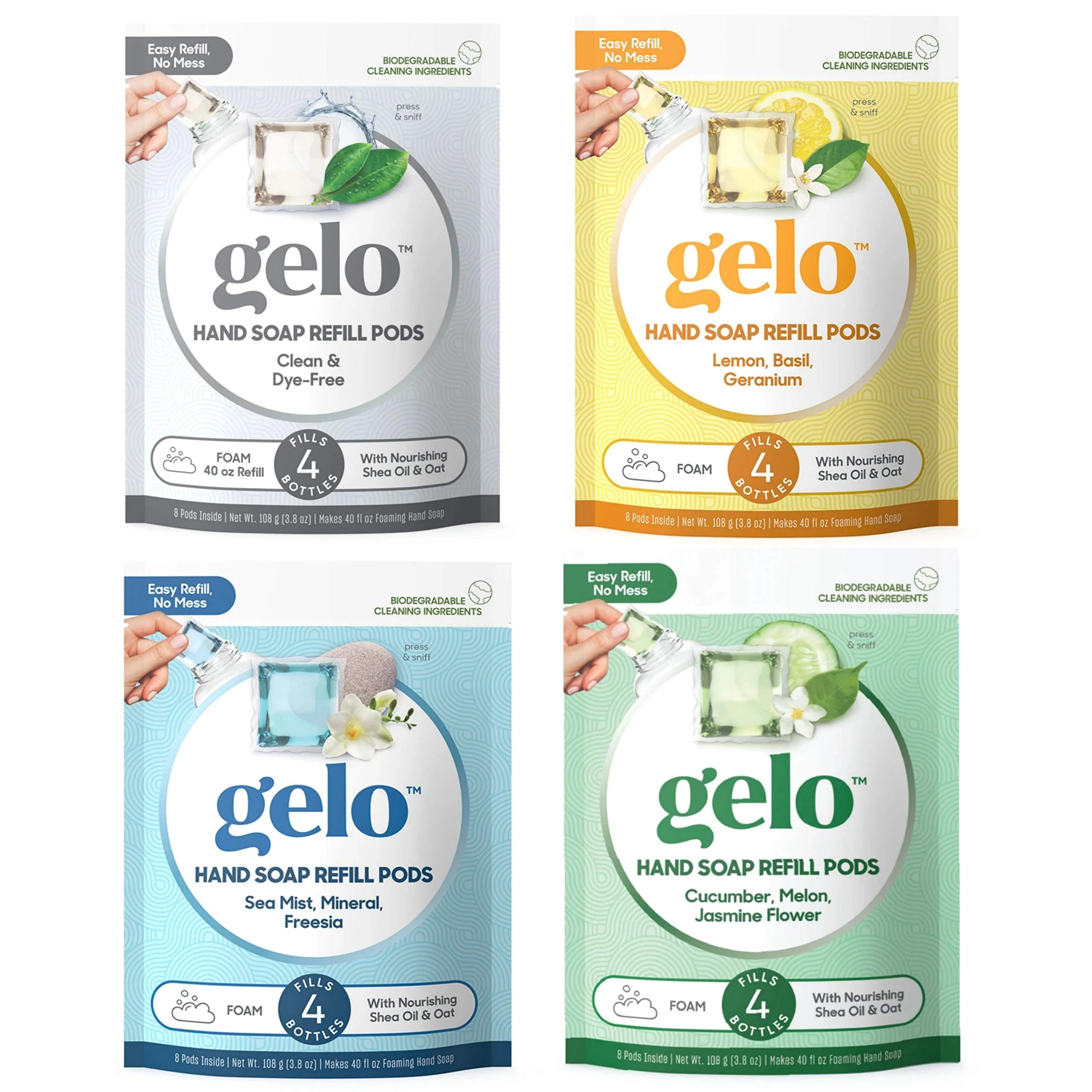 Reusable Gelo Refill Plant Based Essential Oil Hand Liquid Soap 10 oz. Variety Pack PODS ONLY Clean Cucumber Lemon Sea Mist Easy-to-Use