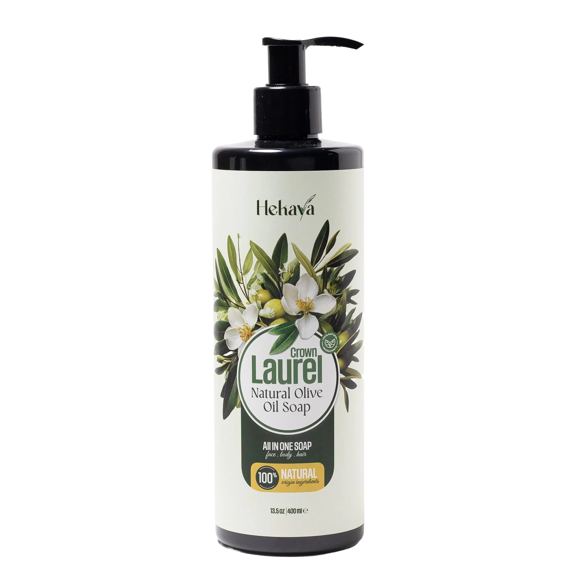 Organic Hekaya Natural Olive Oil Liquid Soap - Laurel Scent Handmade Vegan Sulfate Paraben Face Body Hand Wash Moisturizing Castile Soap Exclusive