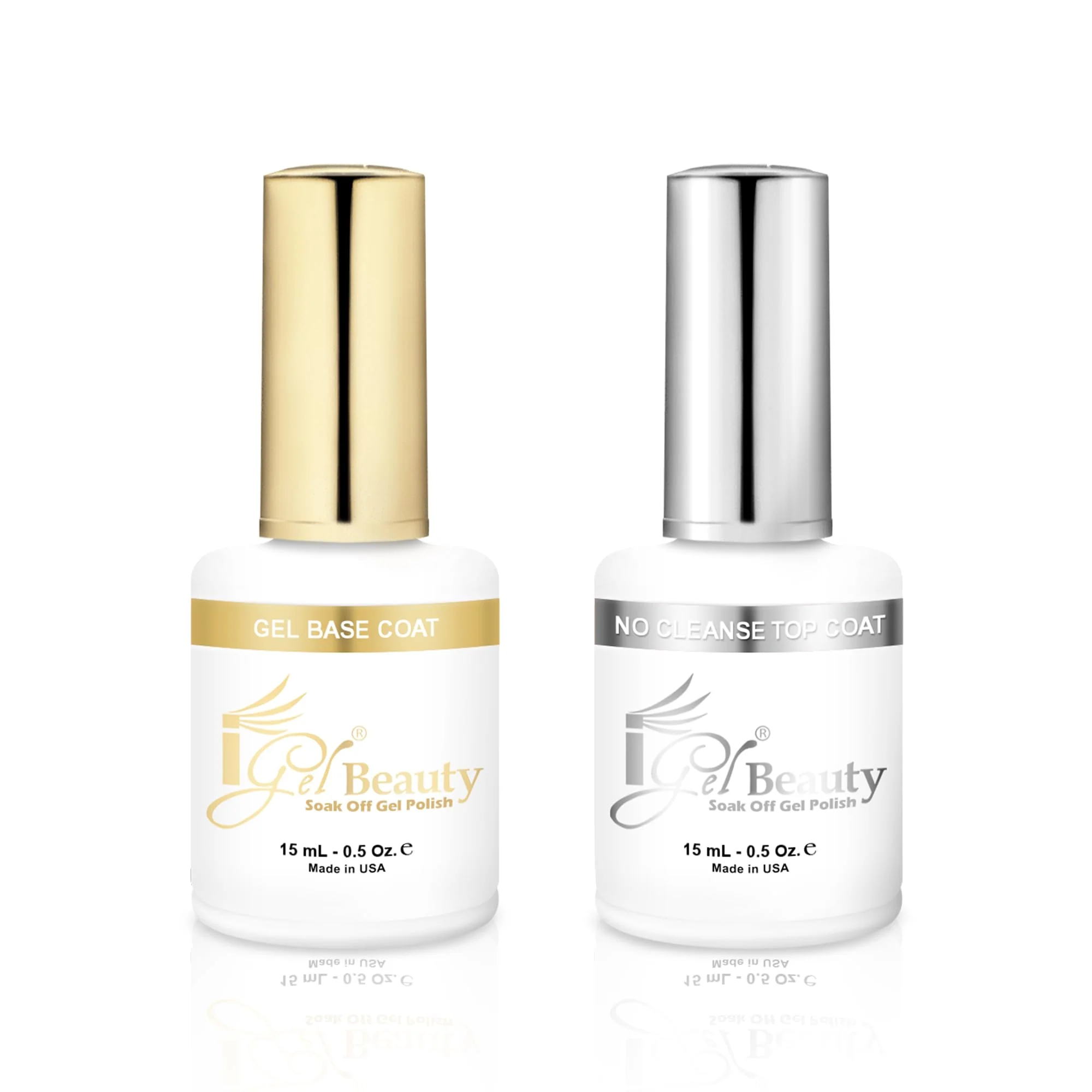 Powerful iGel Beauty Gel Base Coat No Cleanse Top Coat Set - 2 Pack Soak-Off UV LED Gel Polish System Long-Lasting High Shine No Wipe Chip-Resistant Premium