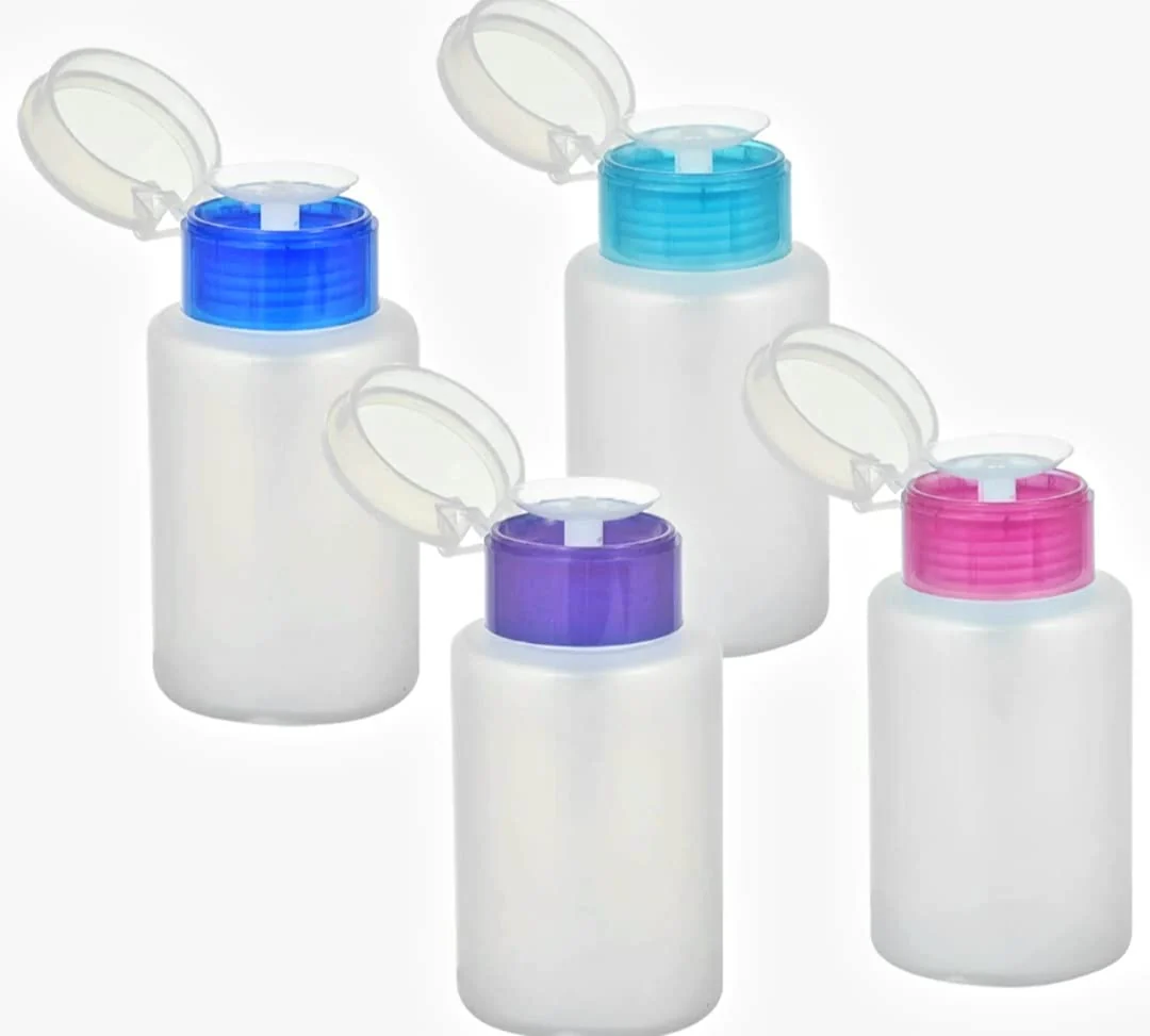 Crafted KGUH Push Down Pump Dispenser Bottle Nail Polish Makeup Remover Empty Cosmetic Container Plastic - 4pcs 70 ml Purple Blue Green Pink Powerful