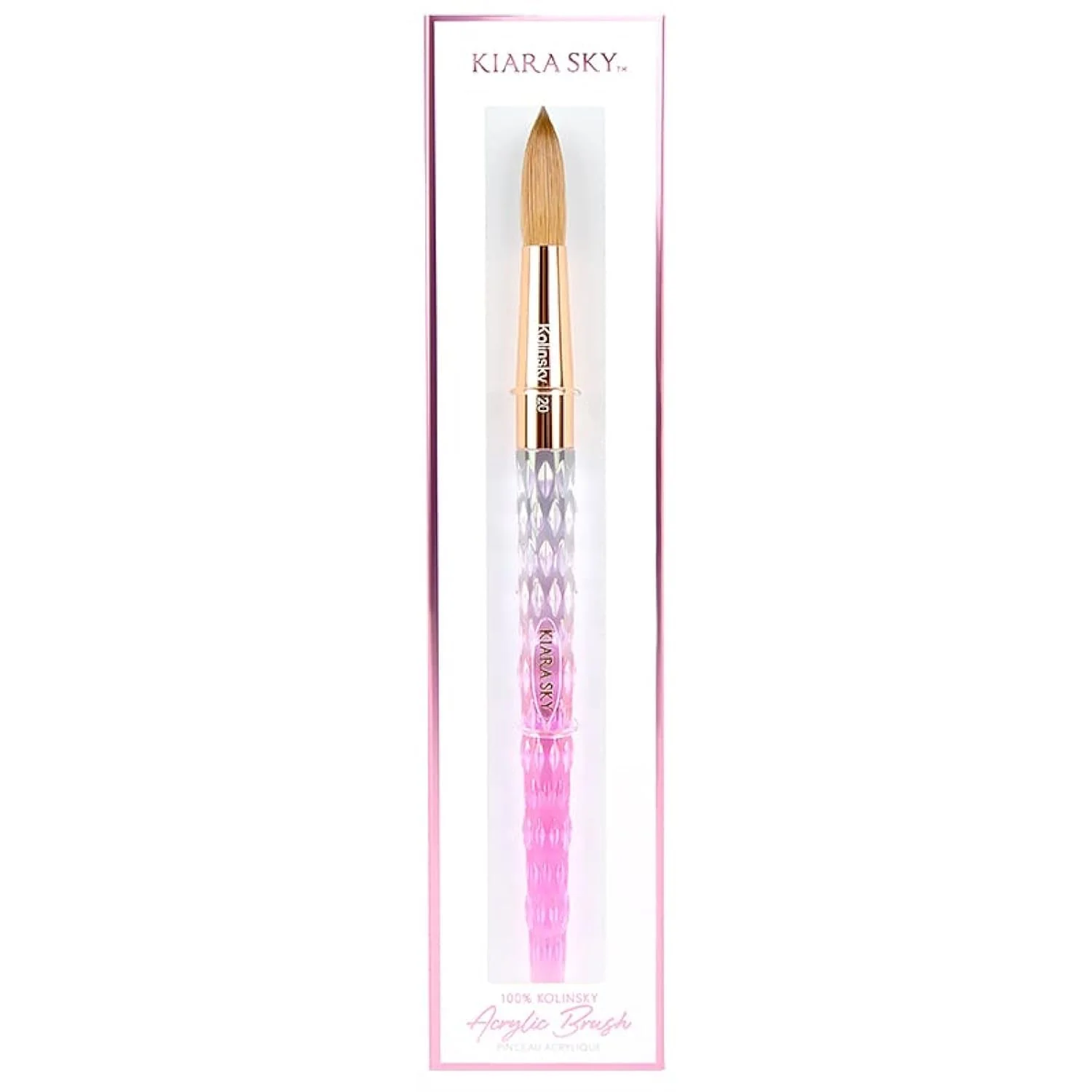 Classic Kiara Sky Kolinsky Acrylic Nail Brush 20 - Pure Kolinsky Sable Hair Pink Crystal Handle Acetone Resistant for Acrylic Application Extensions 3D Top-Quality