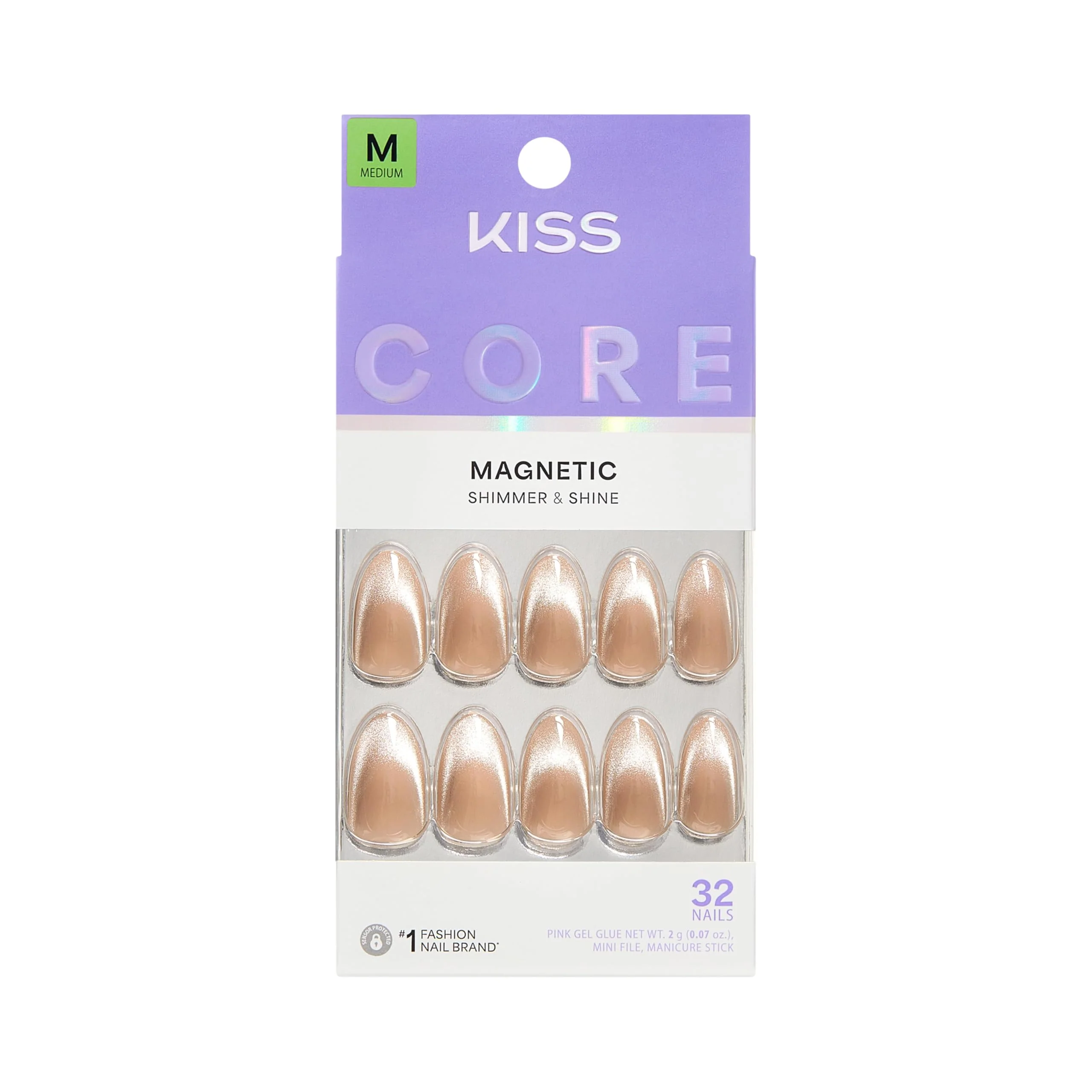 World-Class Kiss Core Press On Nails Nail glue included 'Amazon Falls' Beige Medium Size Almond Shape Includes 32 Nails 2g Glue 1 Manicure Stick 1 Mini Practical