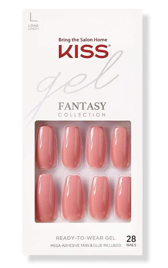 Quality Kiss Gel Fantasy Collection Fake Nails Manicure Set Pink Long Length Coffin Shaped Style 'Urbane' with Mini Nail File Pink Gel Nail Glue 28 Smart