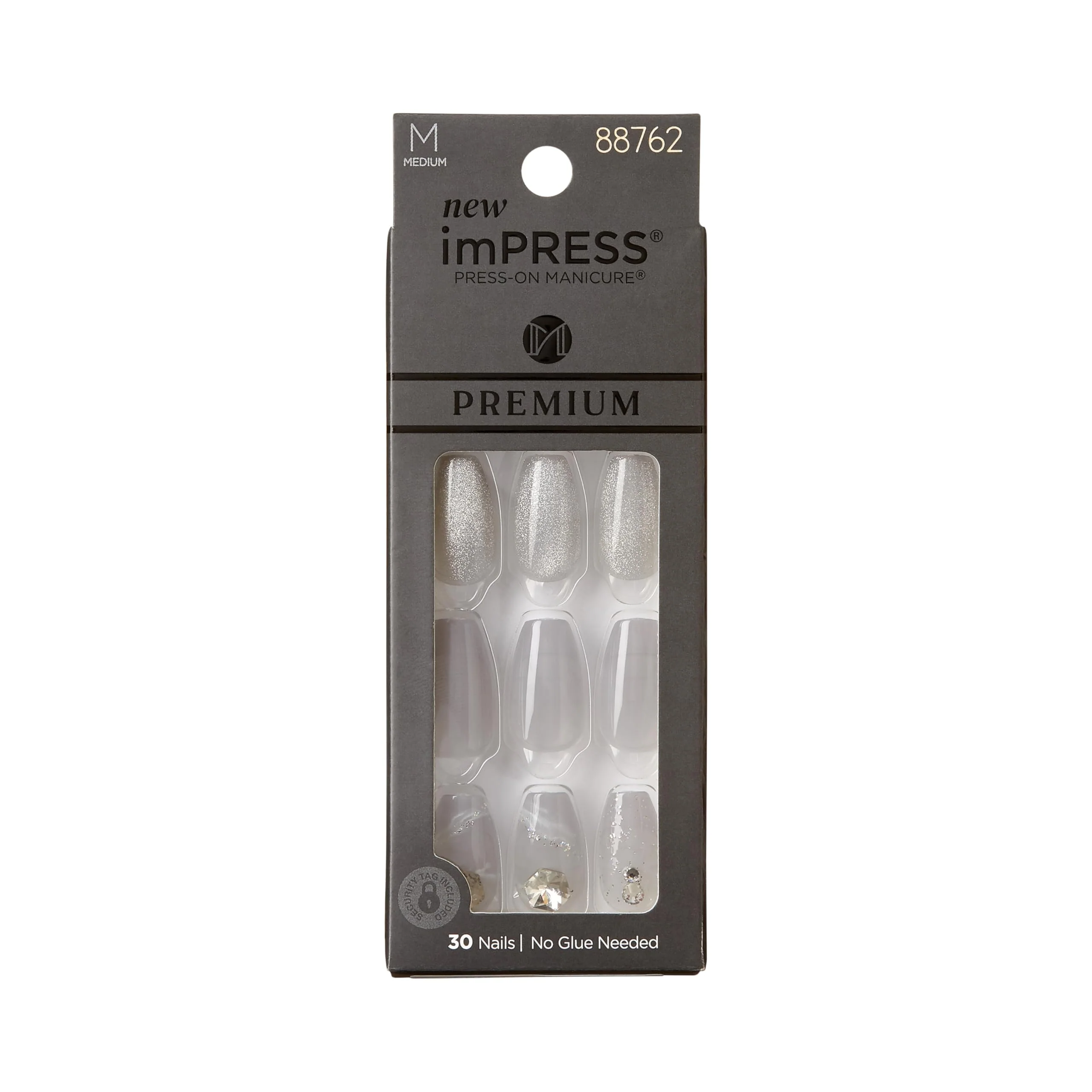 Efficient KISS imPRESS Press-On Manicure Premium Collection Fake Nails - Legacy Gray V-Cut Stone Medium Ballerina Coffin Shape Easy To Apply Super Hold User-Friendly