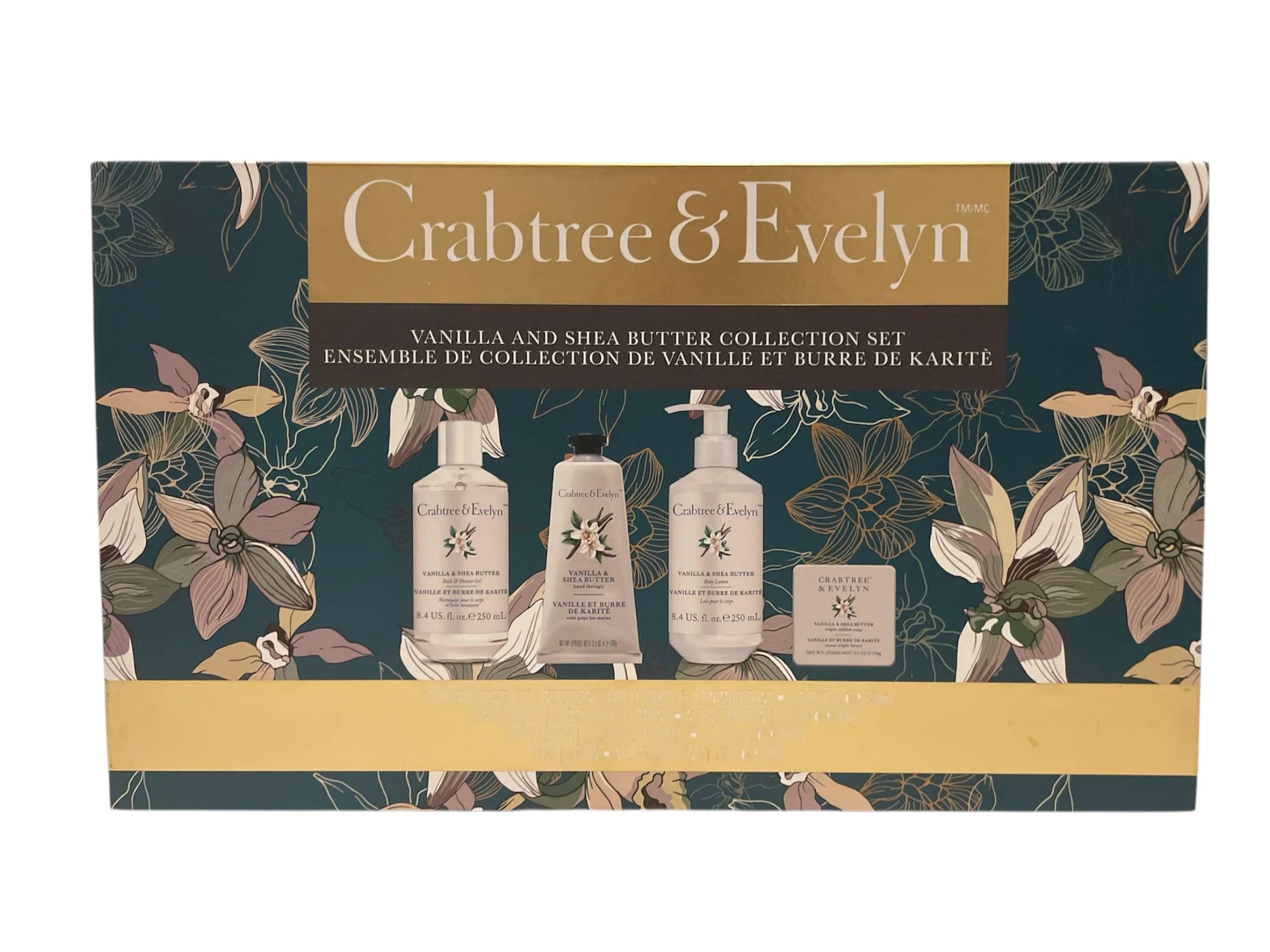 Traditional Crabtree Evelyn Vanilla Shea Butter Collection Set Bath Shower Gel 8.4 fl oz Hand Therapy 3.5 oz Body Lotion 8.4 fl oz Bar Soap 3.5 oz Long-Lasting