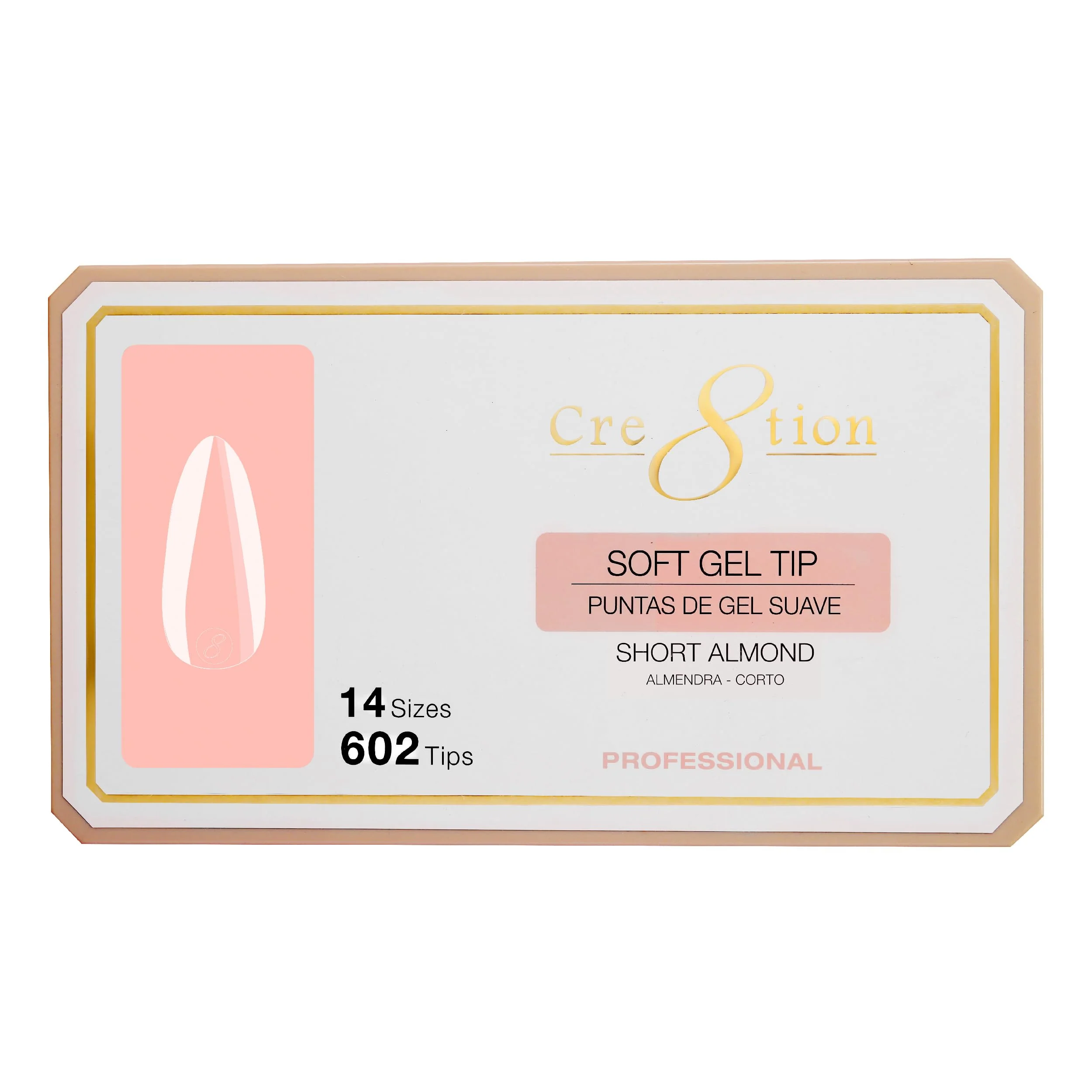 Natural Cre8tion Soft Gel Nail Tips Short Almond Shape 602 Tips in 14 Sizes 00-9 for Professional Nail Extensions Environmentally Friendly