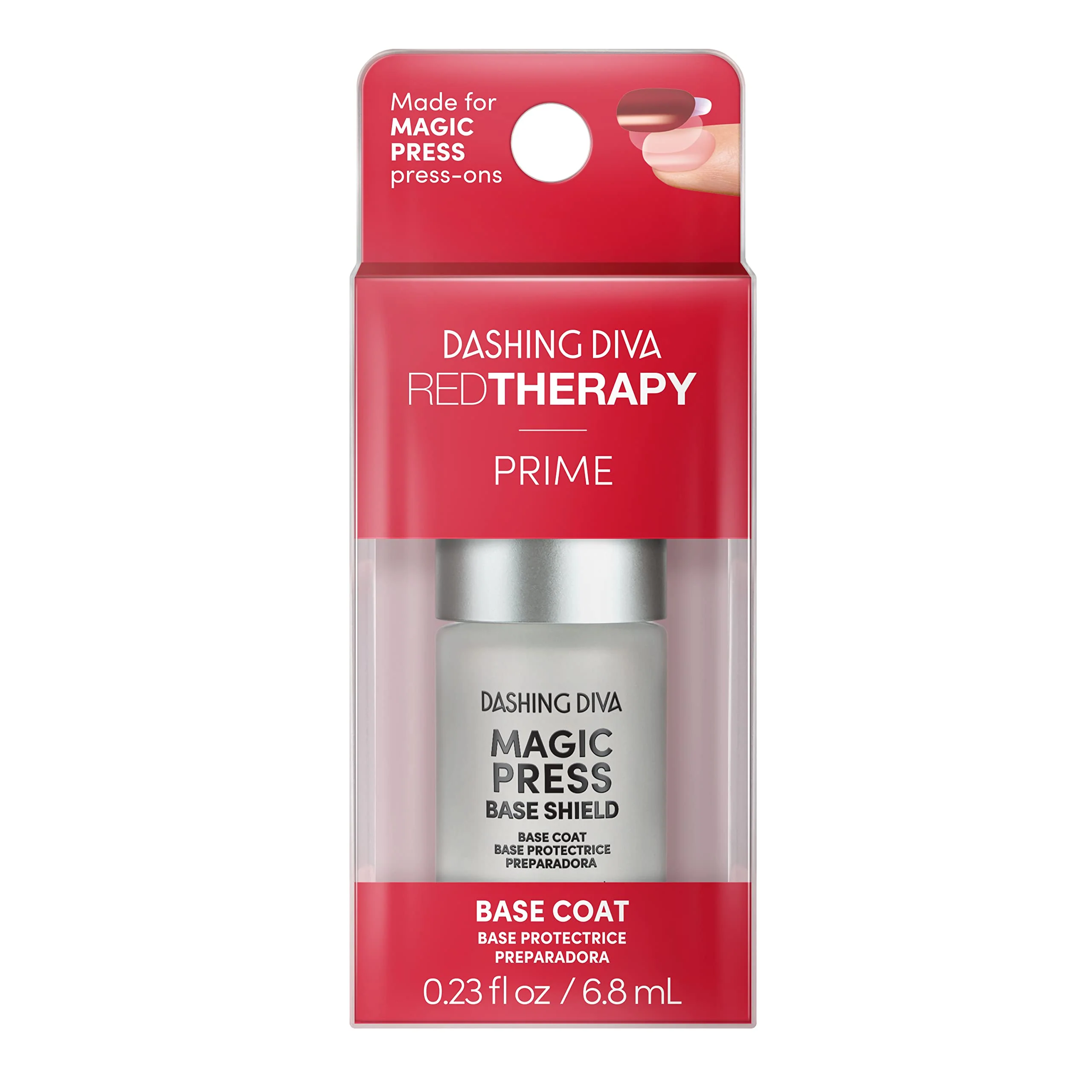 Detailed Dashing Diva Red Therapy Press Base Shield - Protective Base Coat for Press On Nails - Prolongs Wear Protects Nail - 0.23 Fl Oz Refined