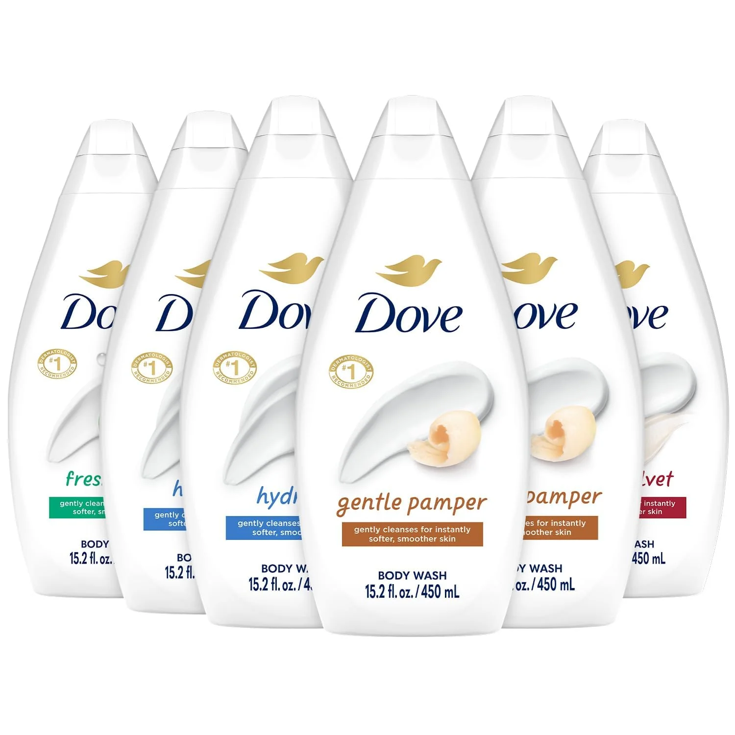 Traditional Dove Body Wash Variety 6-Pack - Hydrate Gentle Pamper Fresh Care and Silky Velvet 15.2 Oz Ea Enhanced