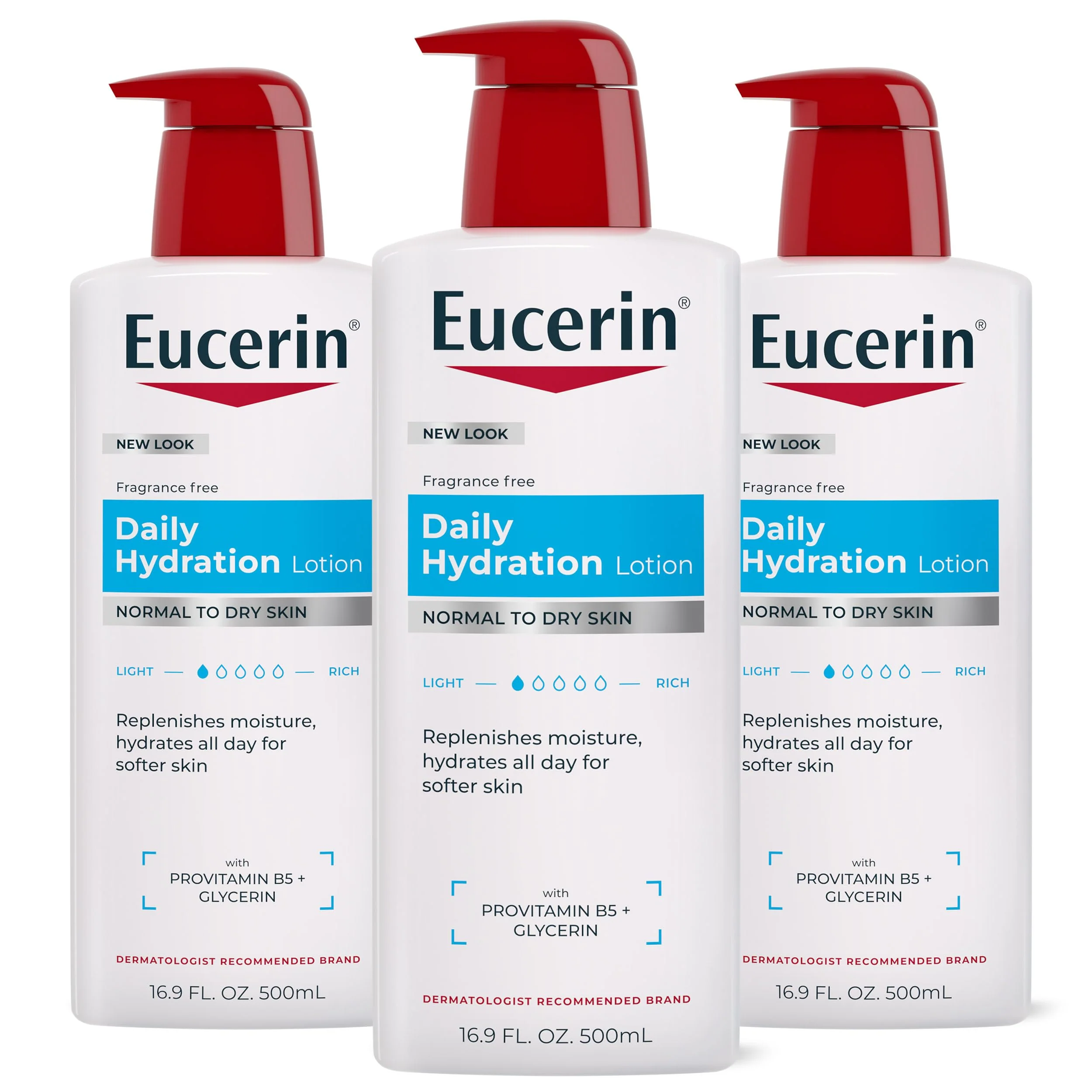 Traditional Eucerin Daily Hydration Body Lotion for Dry Skin Unscented Body Moisturizer with Sunflower Oil and Pro-Vitamin B5 16.9 Fl Oz Bottle Pack of 3 Stylish