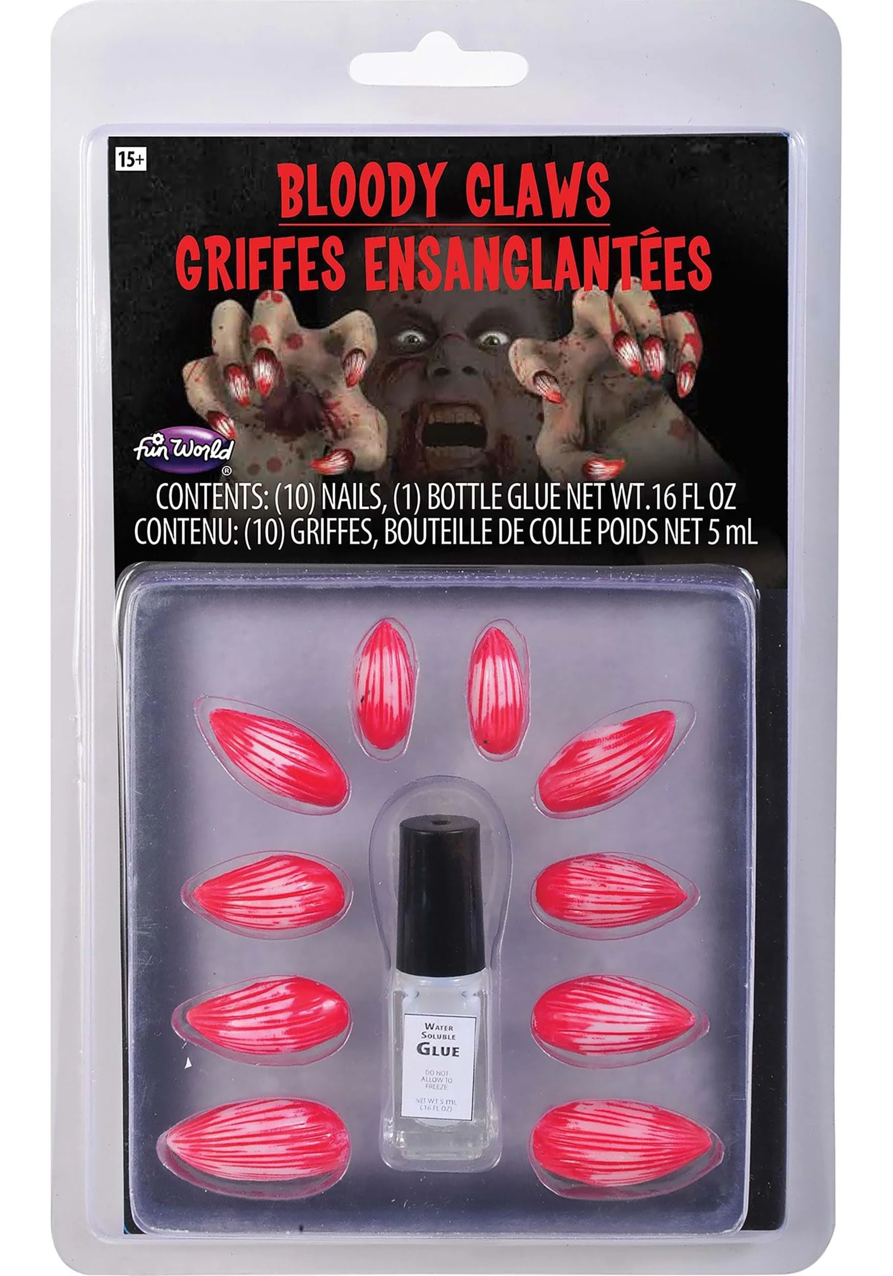 Exclusive Fun World Bloody Animal Claw Press on Nails Costume Nails Standard Red Functional