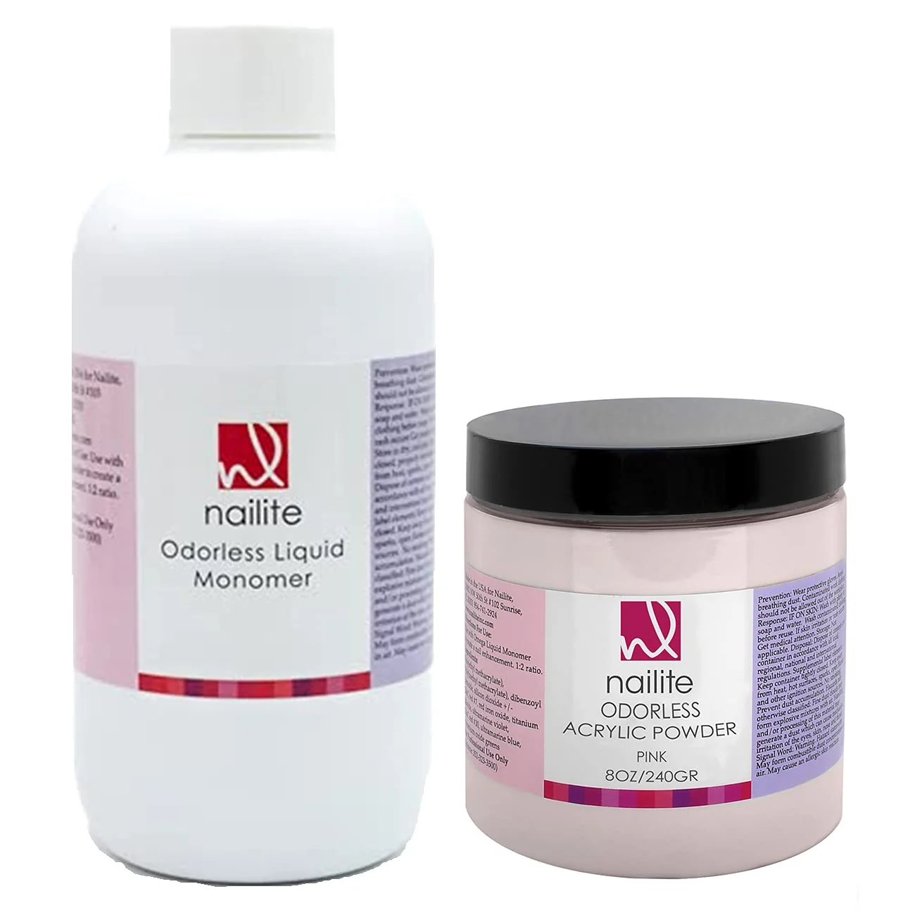 Recyclable Nailite Odorless Liquid Monomer Pink Acrylic Powder - Professional System for Nail Extension Non-Yellowing Effect and EMA Formula - Kit 8 Oz. Convenient