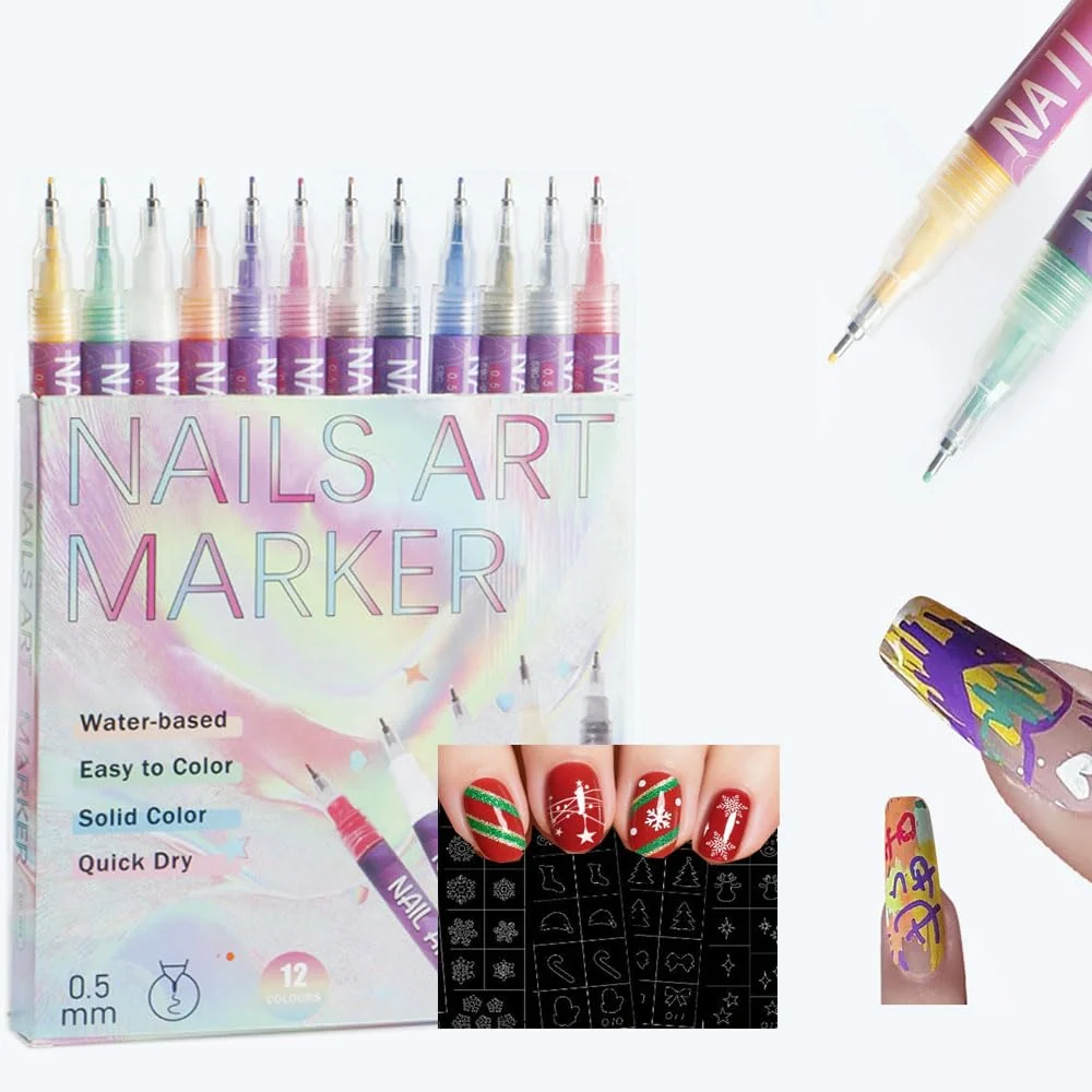 Sustainable Nail Art Pens 12 Colors Nail Art Markers Polish Pen with 3 Pcs Painting Stencils Set for 3D Nail Art Drawing Painting Liner Brush for DIY Nail Art High-Grade