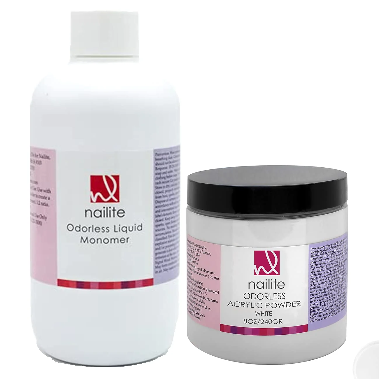 Organic Nailite Odorless Liquid Monomer White Acrylic Powder - Professional System for Nail Extension Non-Yellowing Effect and EMA Formula - Kit 8 Oz. Convenient