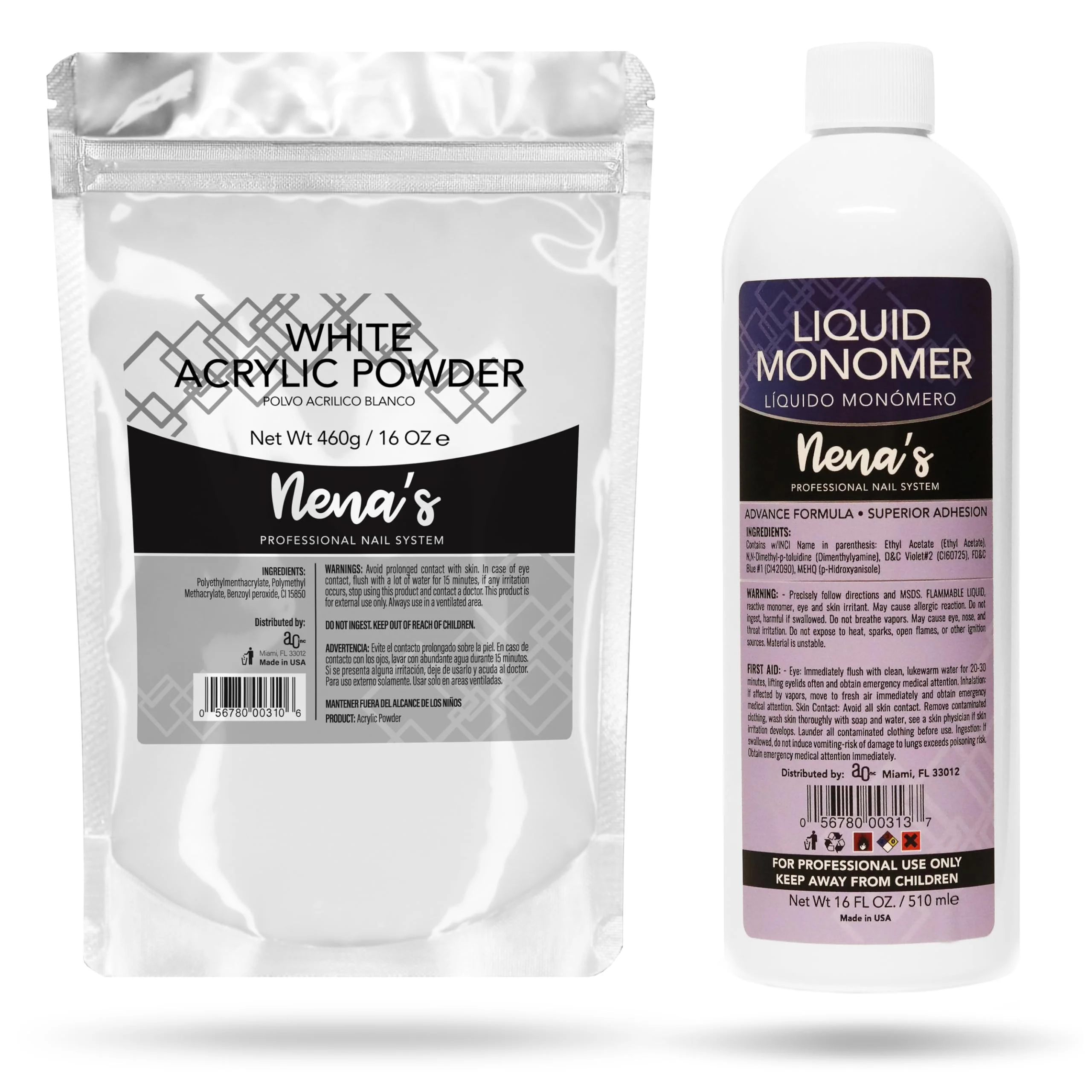 Convenient Nena's 16oz Acrylic Liquid monomer 16oz Clear Acrylic Powder Made in USA Clear Pink Cover White Reliable