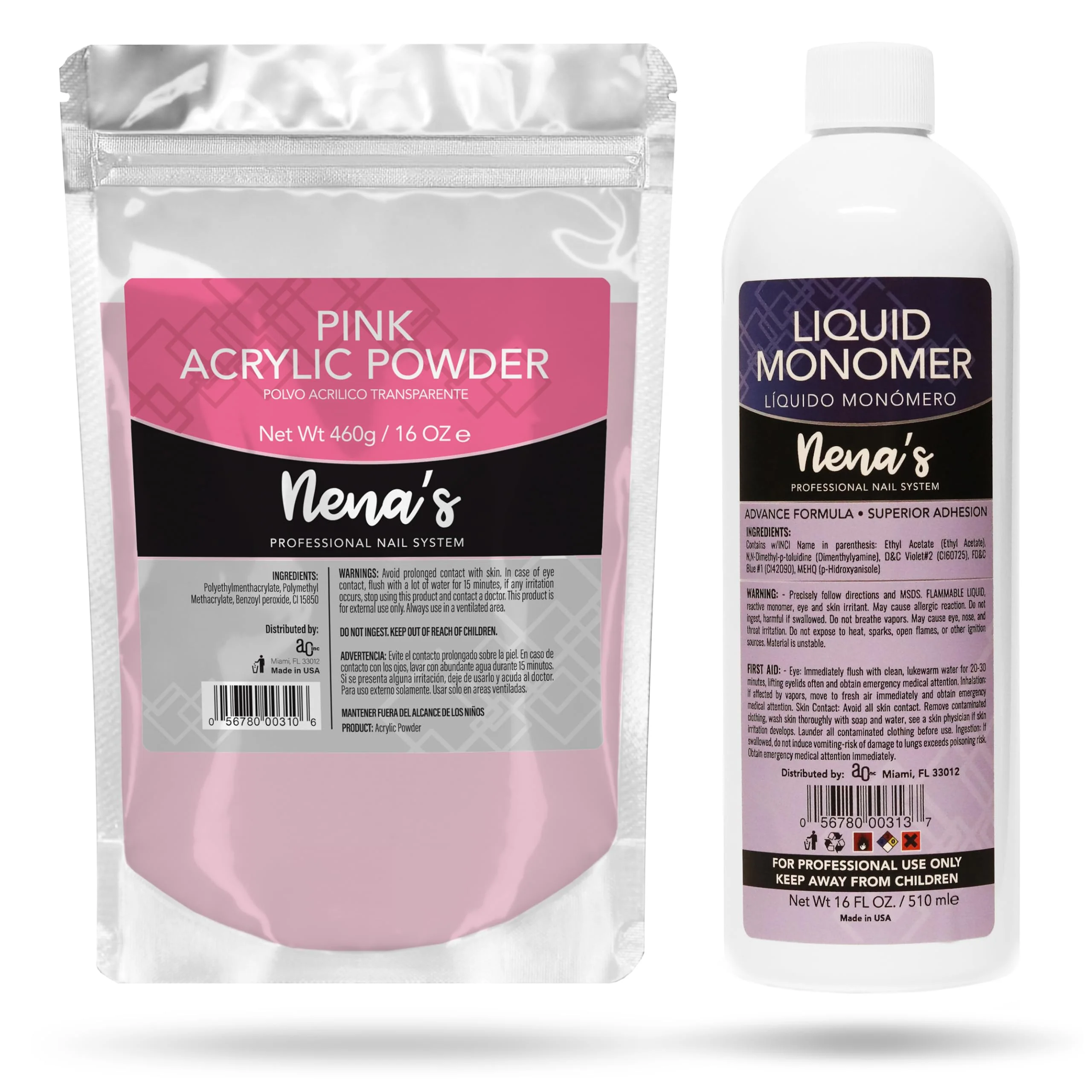 Fine Crafted Nena's 16oz Acrylic Liquid monomer 16oz Clear Acrylic Powder Made in USA Clear Pink Pink Fashionable