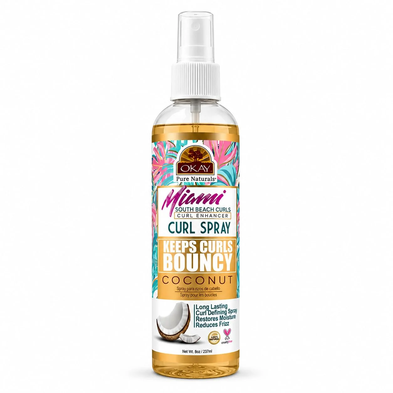 Elegant OKAY Miami South Beach Curls Curl Enhancer Spray 8 oz - Hydrating Curl Defining Spray for Frizz Control Volume Lightweight Hold - Non-Greasy Hair Recyclable