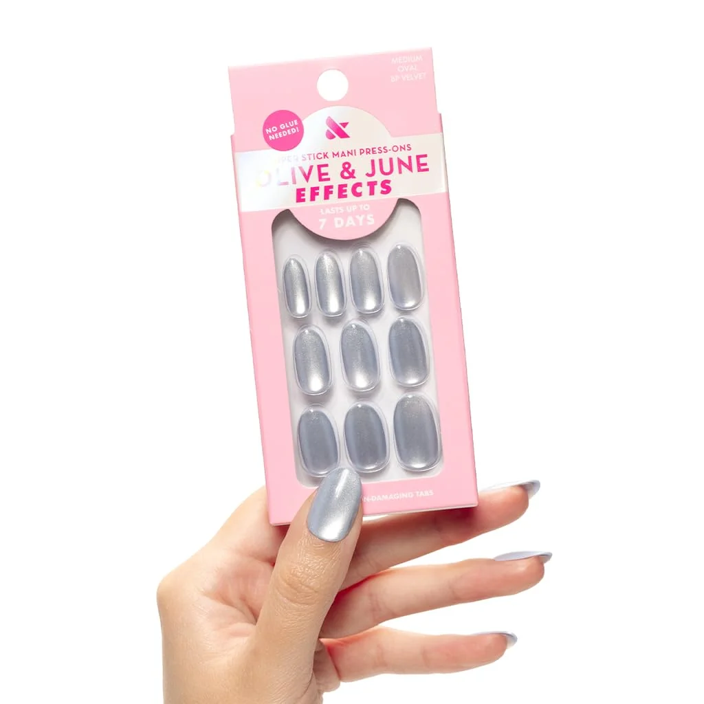 Superior Olive June Effects Super Stick Mani Press-On Nails Oval Medium No Glue Needed 32 Tab Nails in 16 Sizes Non-Toxic Tabs Easy On-Off Smooth