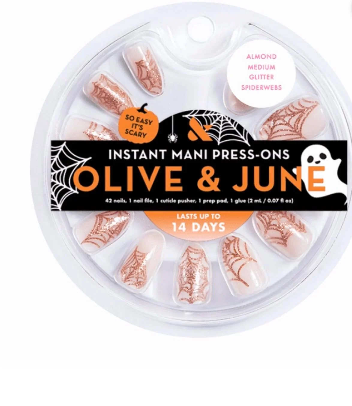 Top-Quality Olive June Instant Mani Medium Almond Press-on Nails Glitter Spiderwebs 42 Pieces Modern