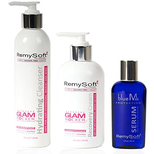Sustainable RemySoft Glam Rocker System - Safe for Hair Extensions Weaves and Wigs - Salon Formula Shampoo Conditioner Serum - Gentle Sulfate- Lather Solid