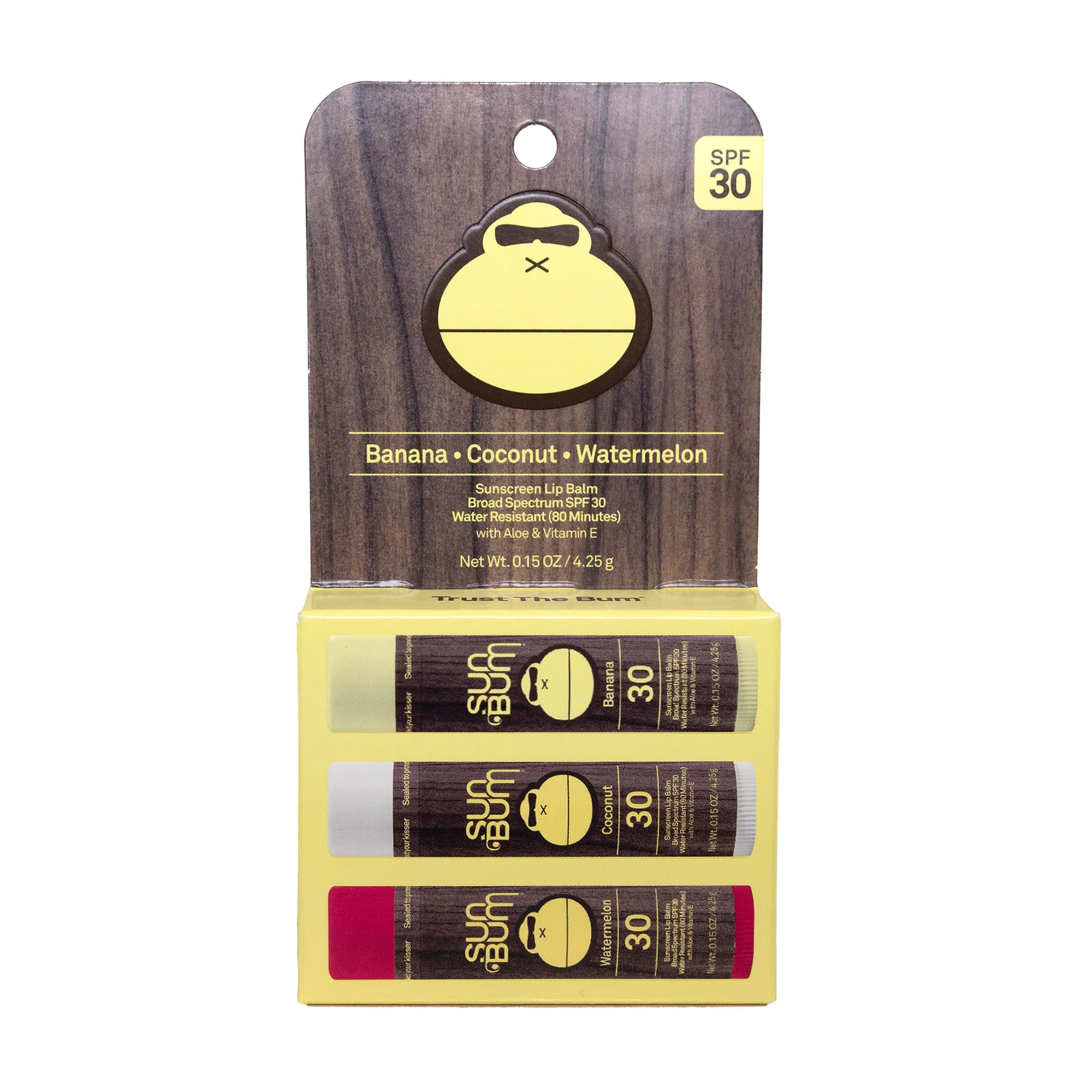 Clean Sun Bum SPF 30 Sunscreen Lip Balm 3 Flavor Variety Pack - Coconut Banana Watermelon - Moisturizing Aloe Vera and Vitamin E - Vegan and Cruelty Eco-Friendly