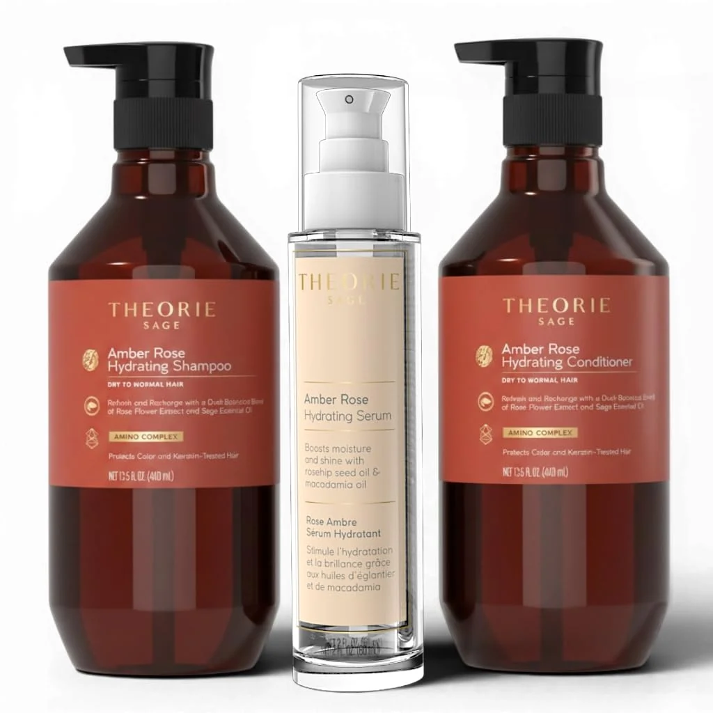 Elegant THEORIE Botanical Hair Care Ritual Set Shampoo Conditioner Hair Serum Trio 3 Piece Hair Care Set for All Hair Types Amber Rose Hydrating Durable