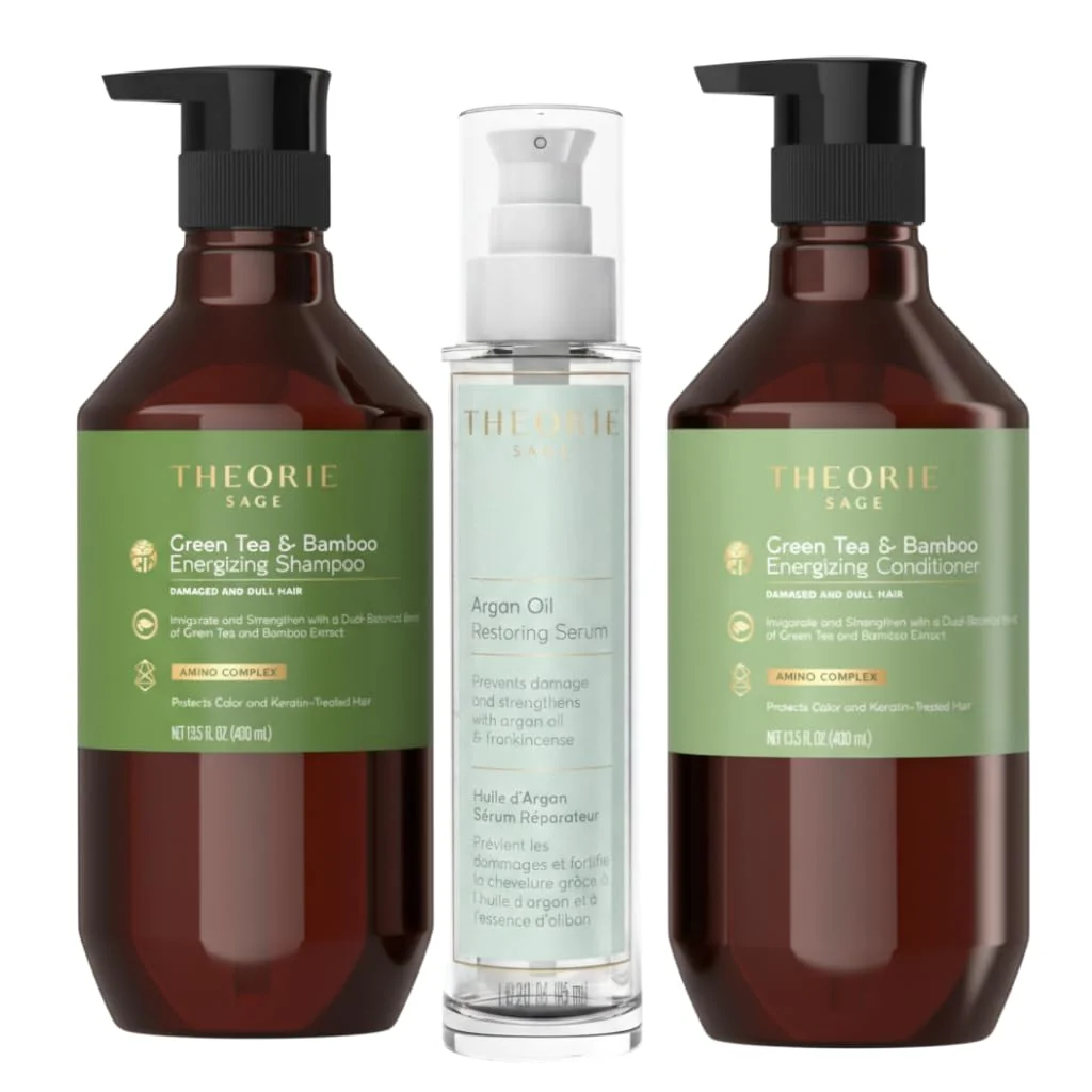 Clean THEORIE Botanical Hair Care Ritual Set Shampoo Conditioner Hair Serum Trio 3 Piece Hair Care Set for All Hair Types Green Tea Bamboo Responsible
