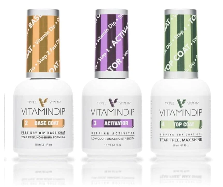 Recyclable Triple Vitamin Dip Powder Nail Liquid Set - Gel Base Activator Gel Top Set 3 Step 2-4 18ml - NO LED UV LAMP Needed Color French Pink White Nail Reliable