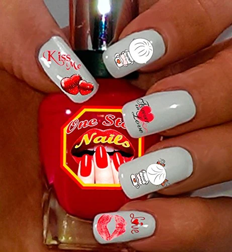 Elite Valentine Nail Art Decals. Valentine Hearts Boy Girl Kisses Love Nail Art. Set of 36 Waterslide nail art decals. VD005-36 by One Stop Nails Authentic