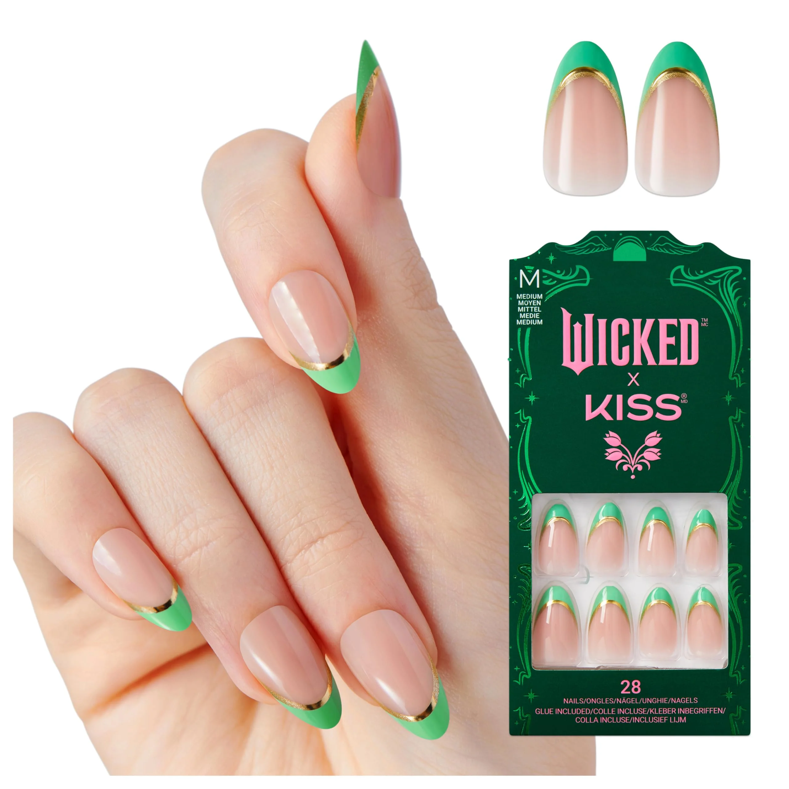 Efficient WICKED X KISS Press On Nails Almond Thrillifying Green Medium Waterproof Chip Proof Smudge Proof 28 Fake Nails Pink Gel Nail Glue 2g Modern
